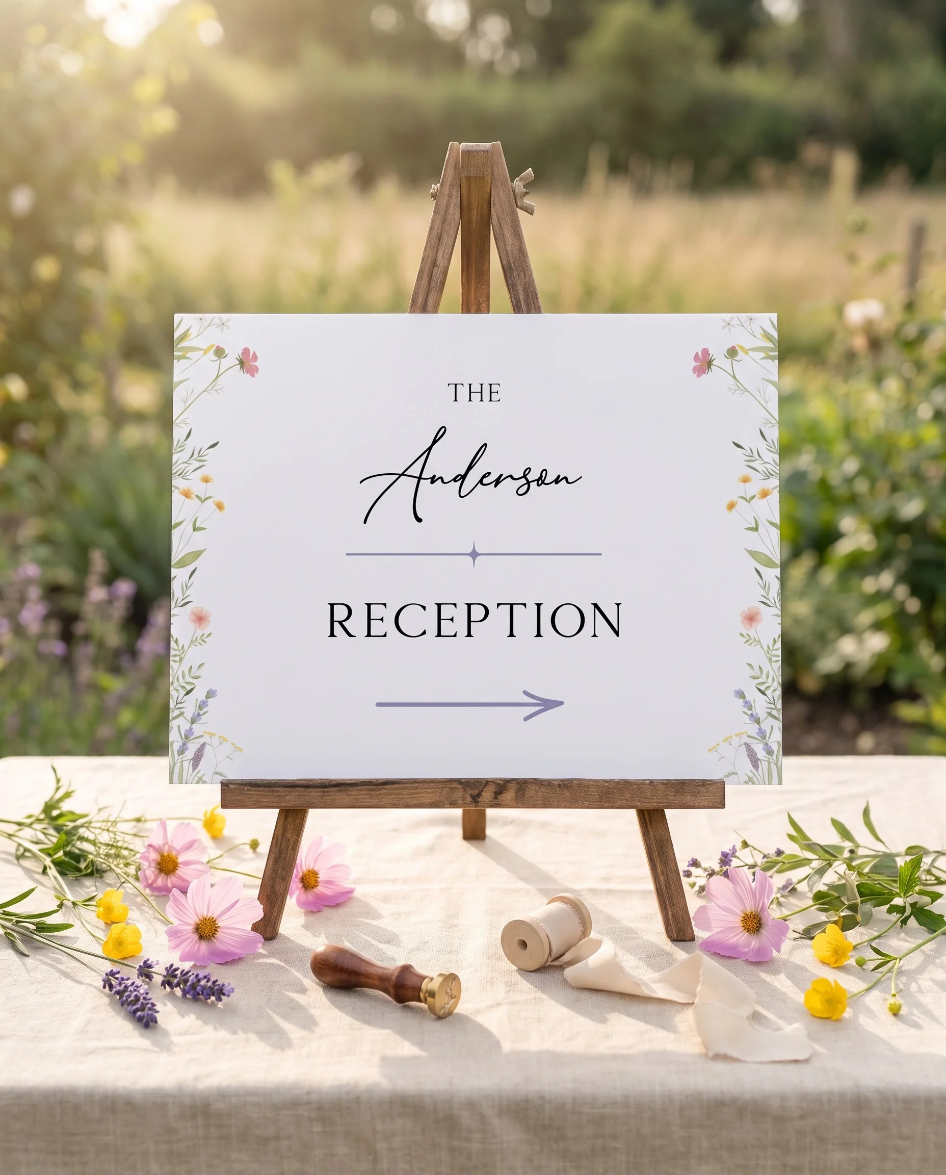Floret Veil wedding reception sign — displayed on an easel under soft natural light with a slight overhead angle, wedding reception signs.