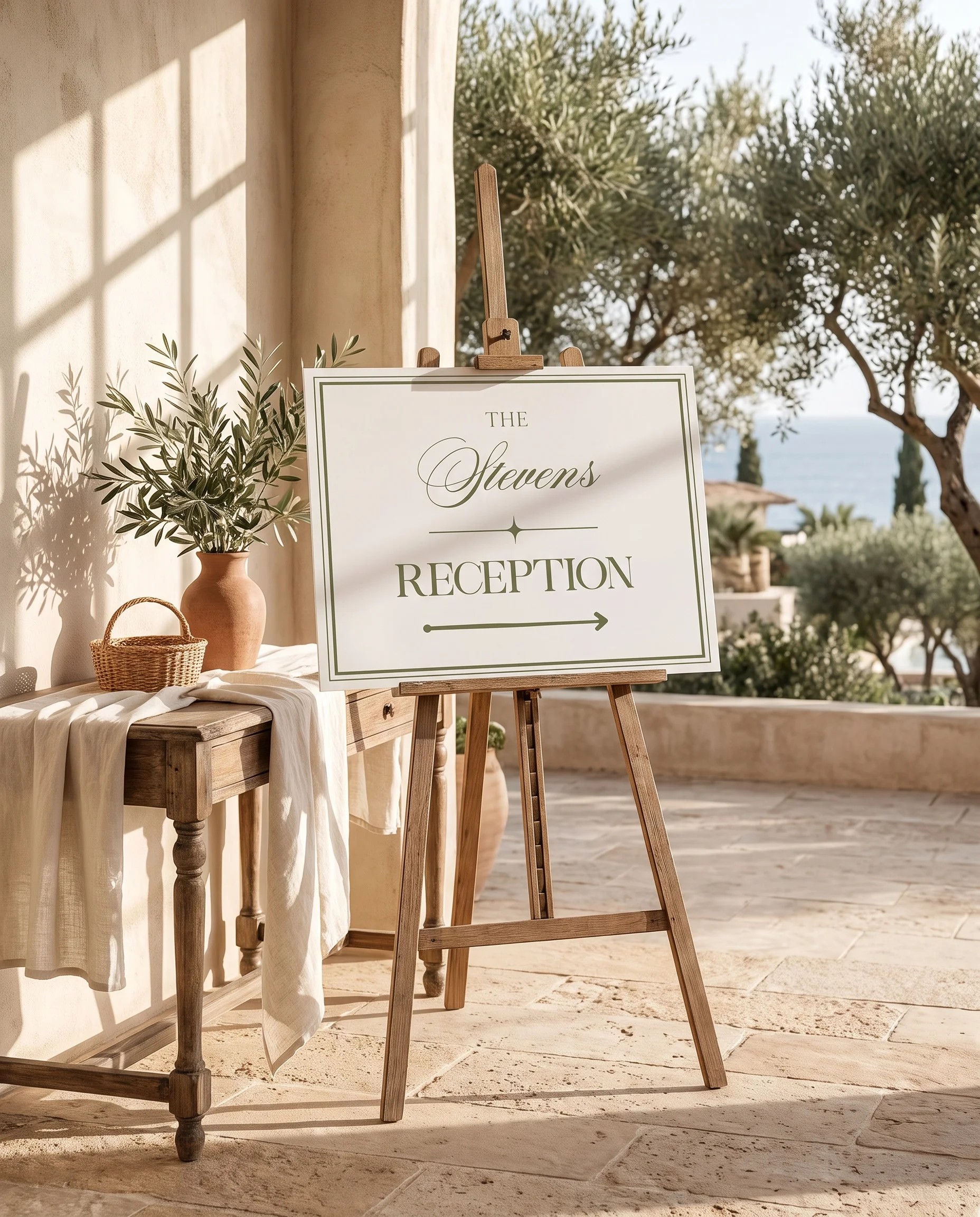 Olive Script wedding reception sign — shown beside furniture for scale under soft natural light, wedding signage.