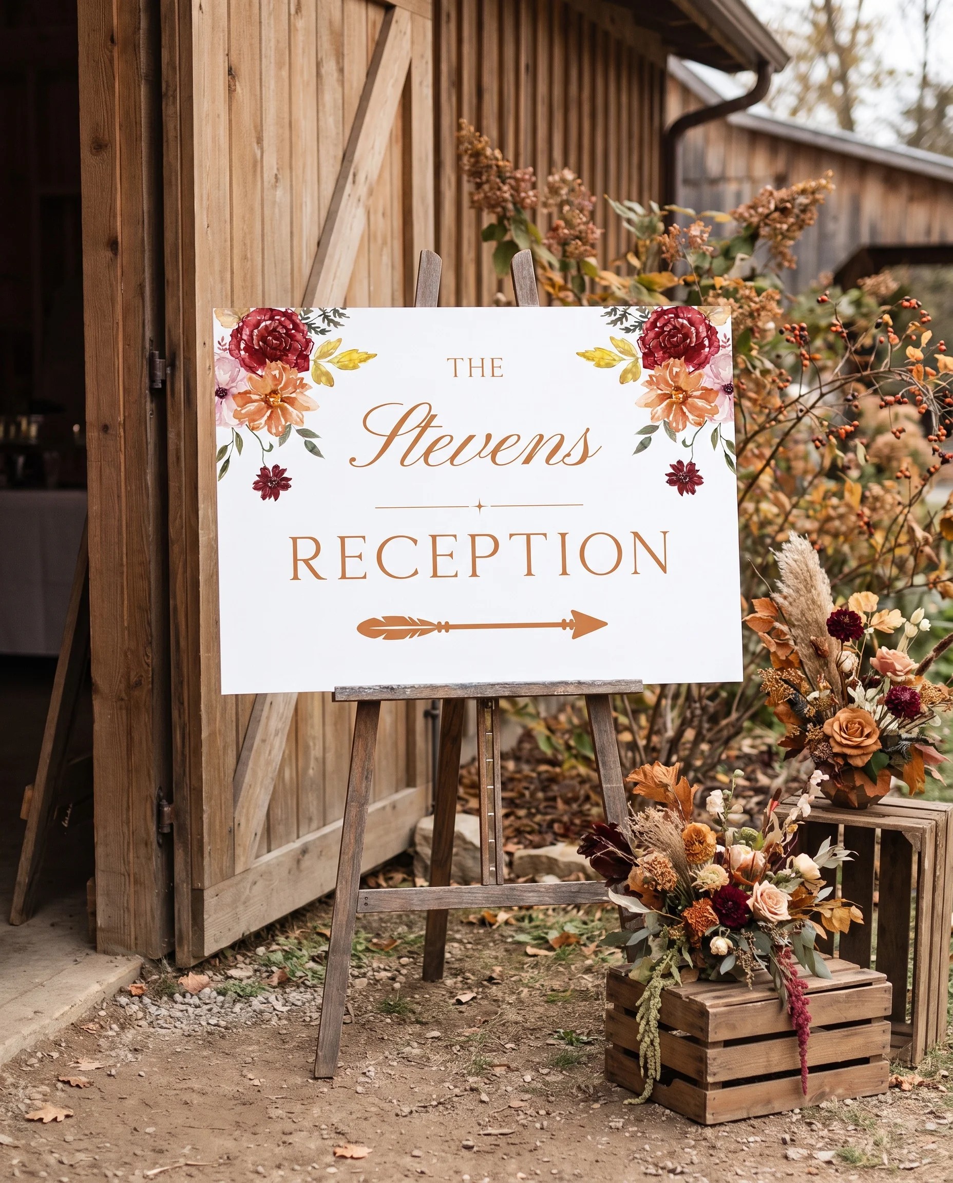 Ember Bloom wedding reception sign — displayed at a reception entrance under soft natural light, wedding signs.