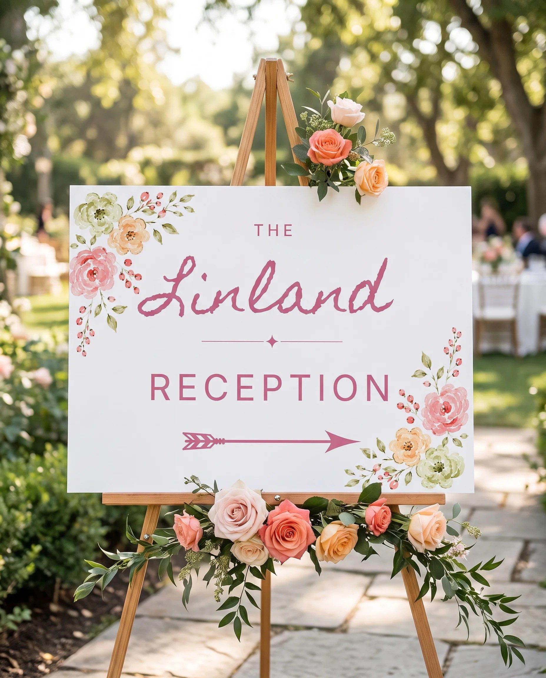 Blush Garland wedding reception sign — displayed at a reception entrance under soft natural light, wedding signs.