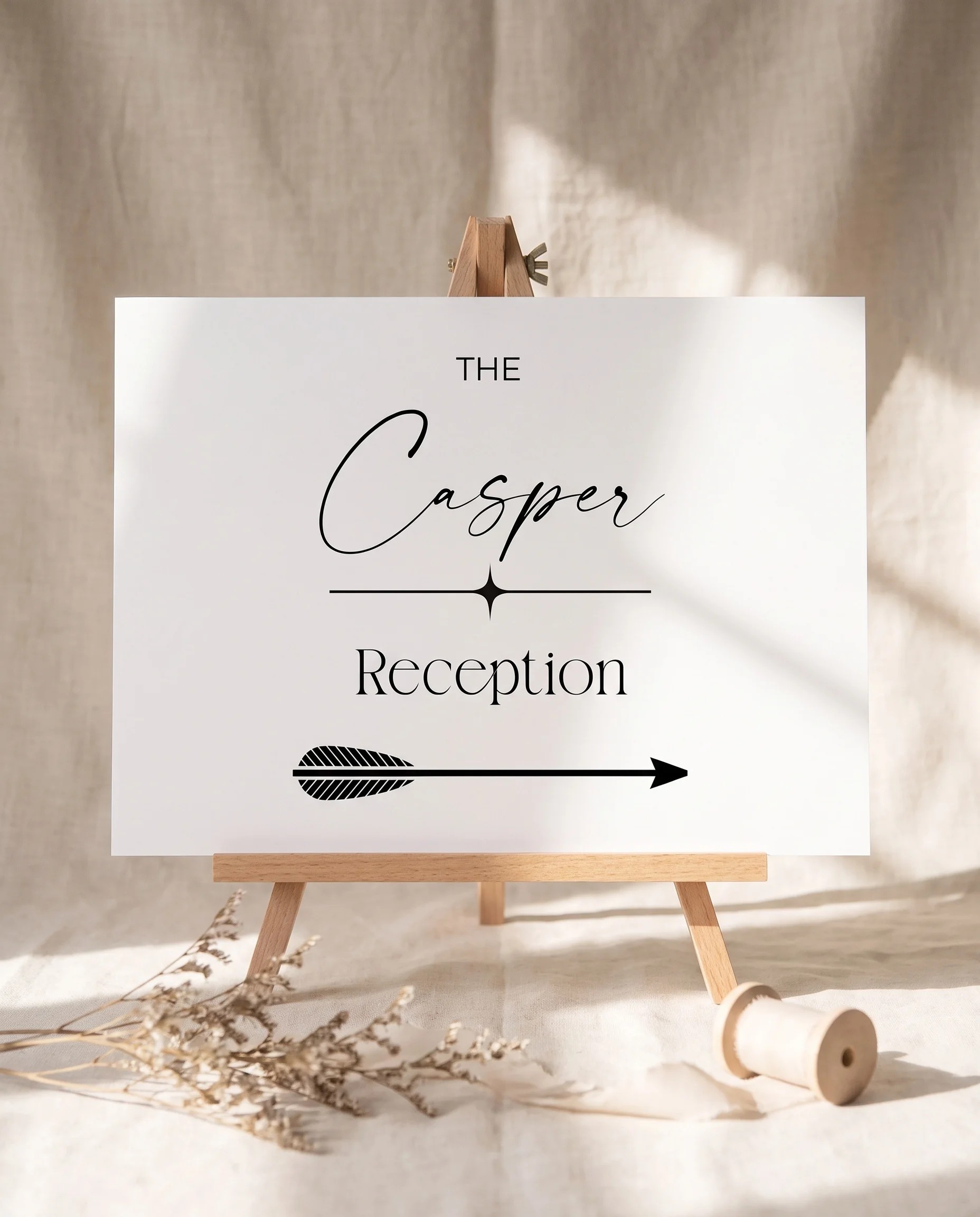 Charline wedding reception sign — displayed on an easel under soft natural light with a slight overhead angle, wedding reception signs