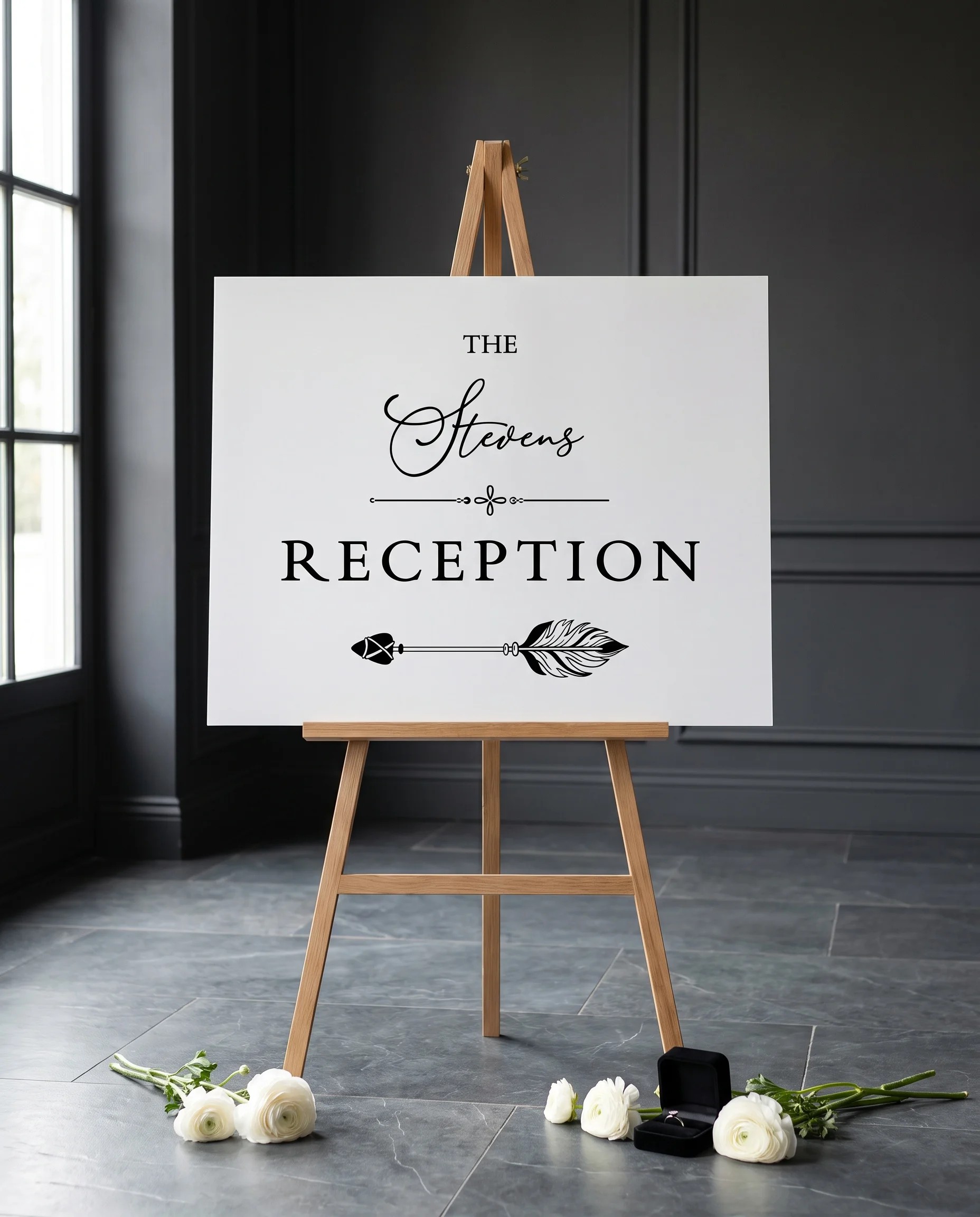 Monochrome Veil wedding reception sign — displayed on an easel under soft natural light, premium editorial paper wedding reception signs.