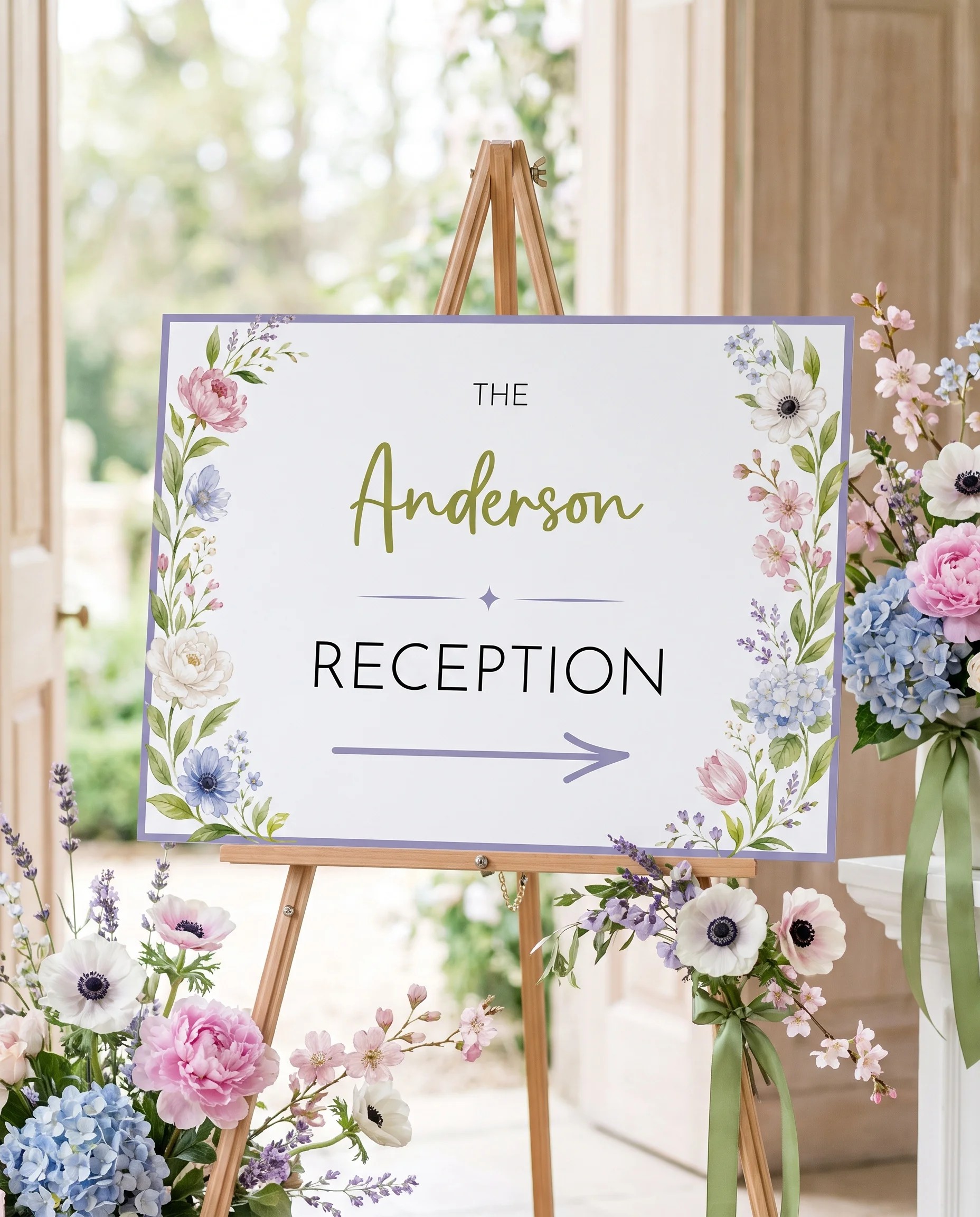 Anemone Toast wedding reception sign — displayed at a reception entrance under soft natural light, premium editorial wedding signs.