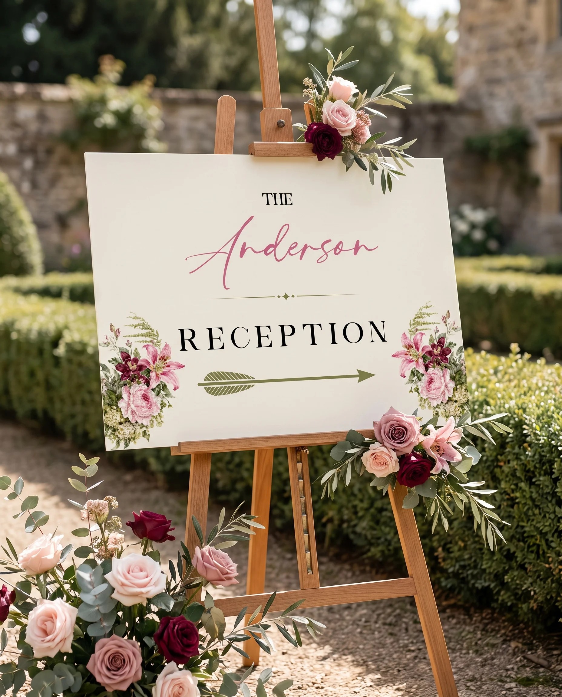 Rosevale wedding reception sign — displayed at a reception entrance under soft natural light, wedding signs.