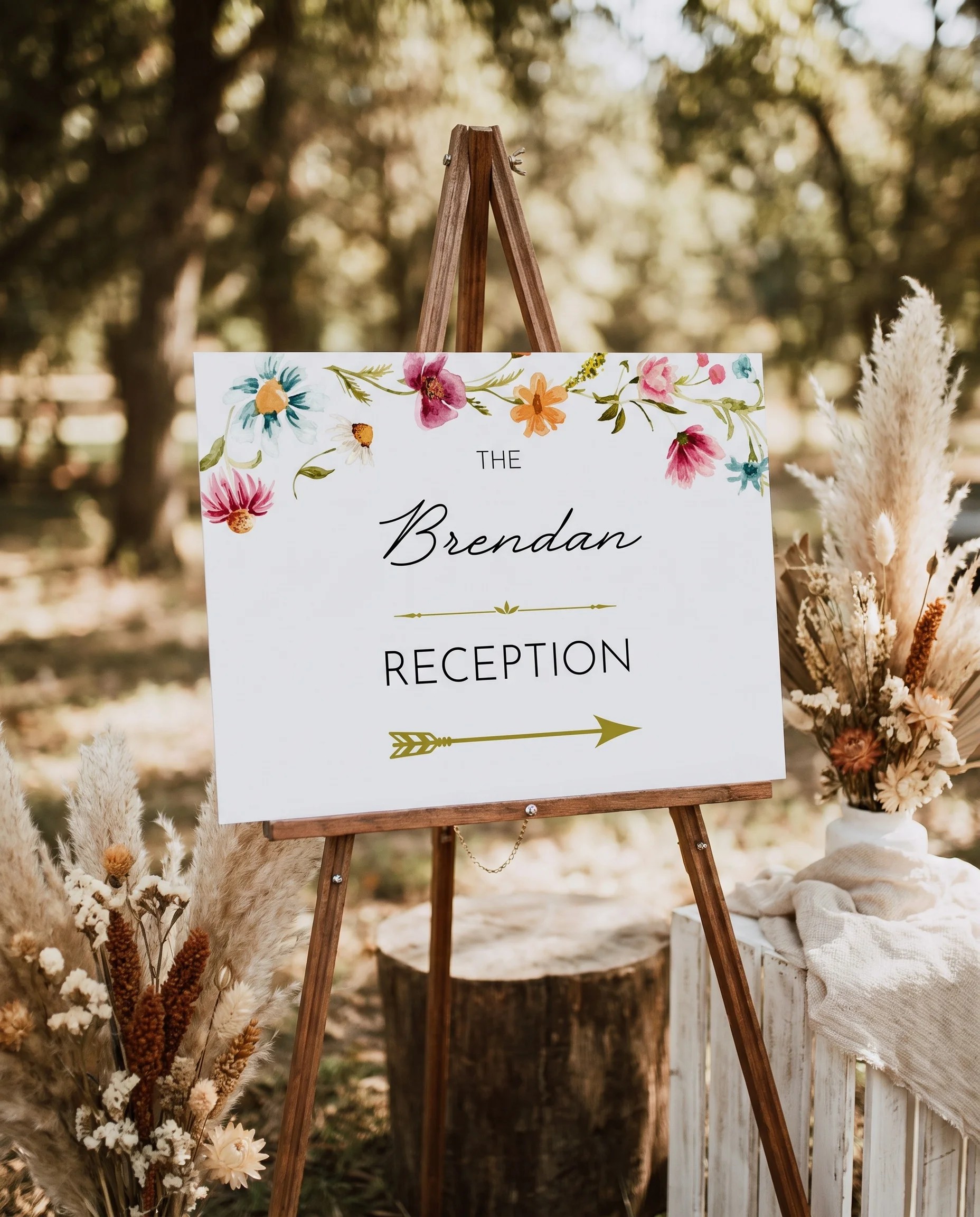 Meadow Ring wedding reception sign — displayed at a reception entrance in soft natural light, premium editorial wedding signs.