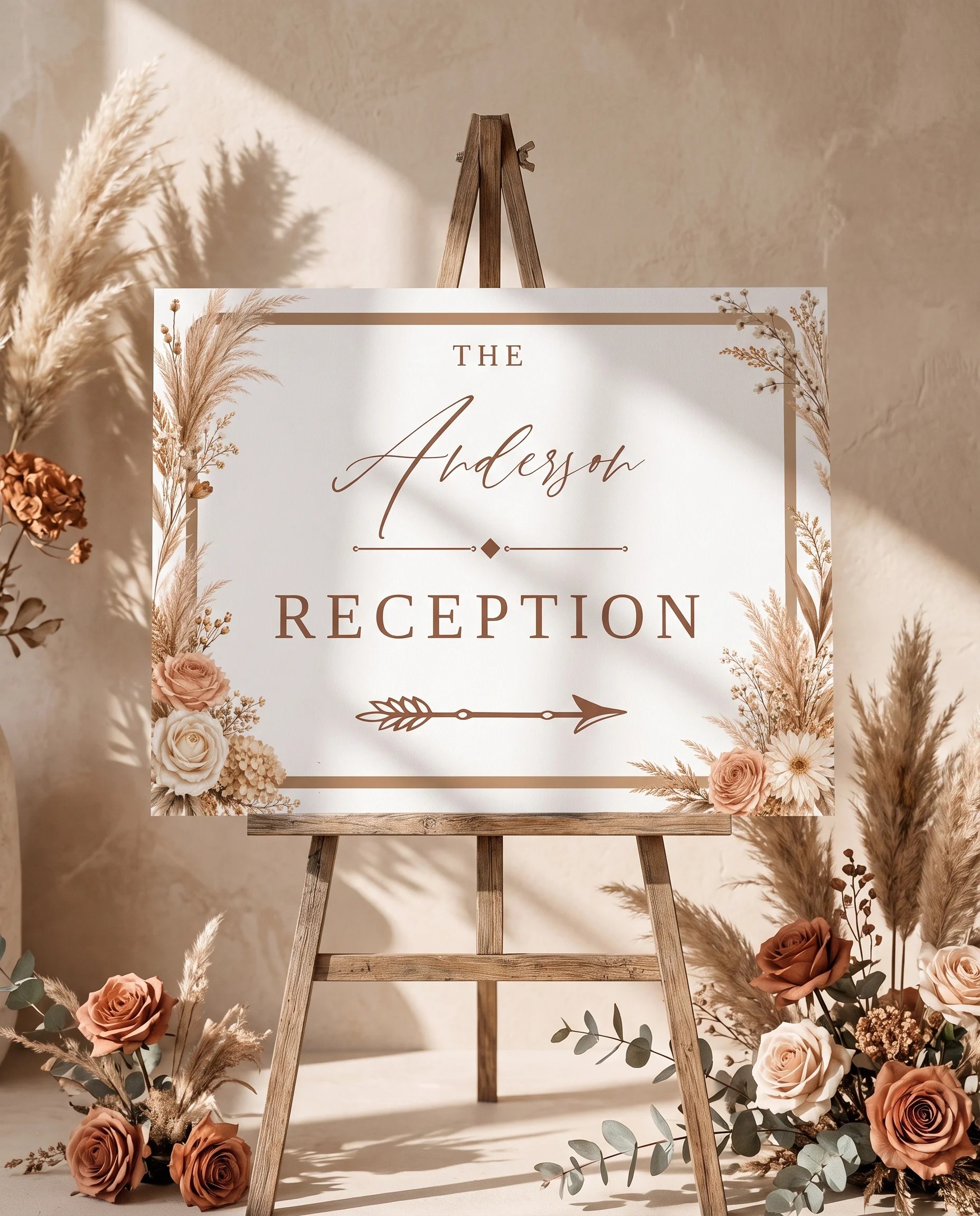 Pampas Hush wedding reception sign — shown at a reception entrance on premium editorial paper under soft natural light, wedding signs.