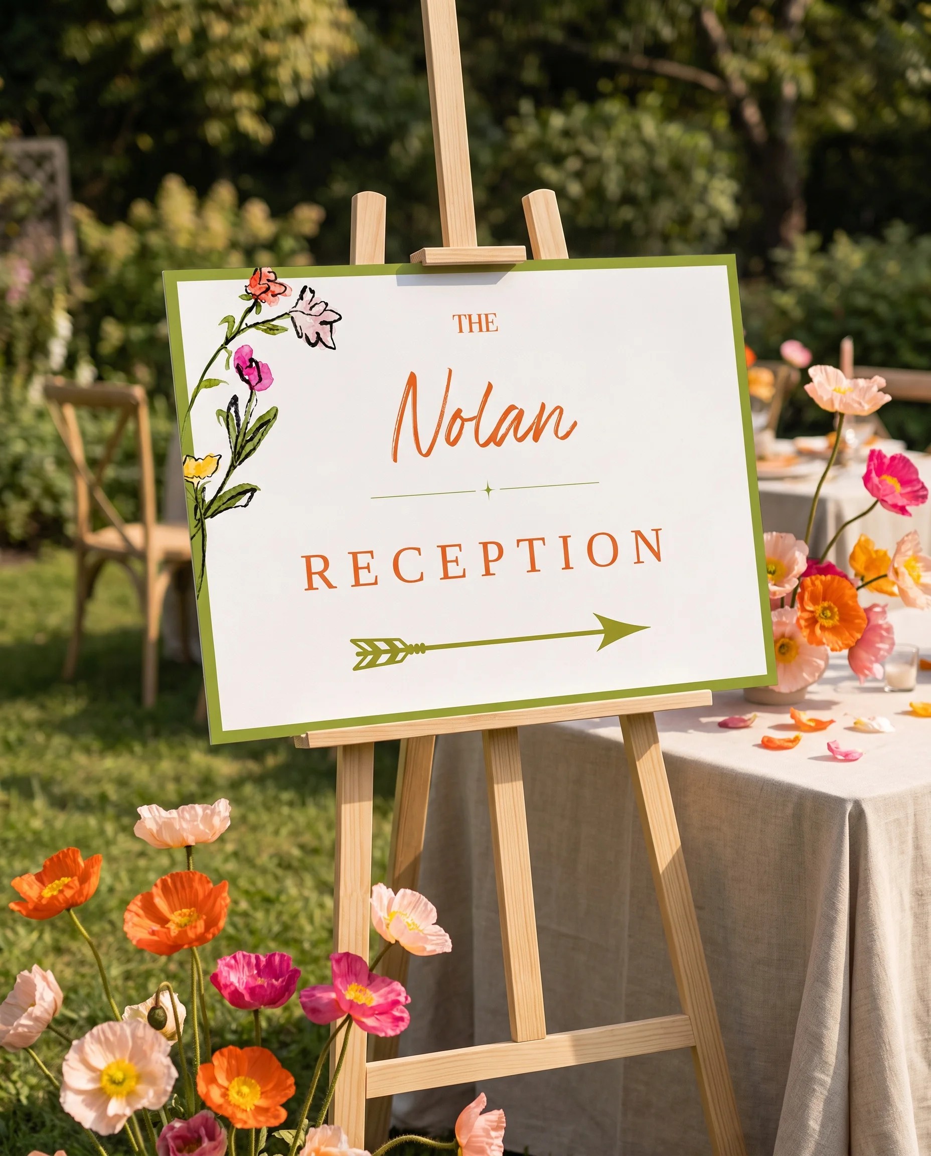 Poppy Court wedding reception sign — displayed at a reception entrance under soft natural light, wedding signs
