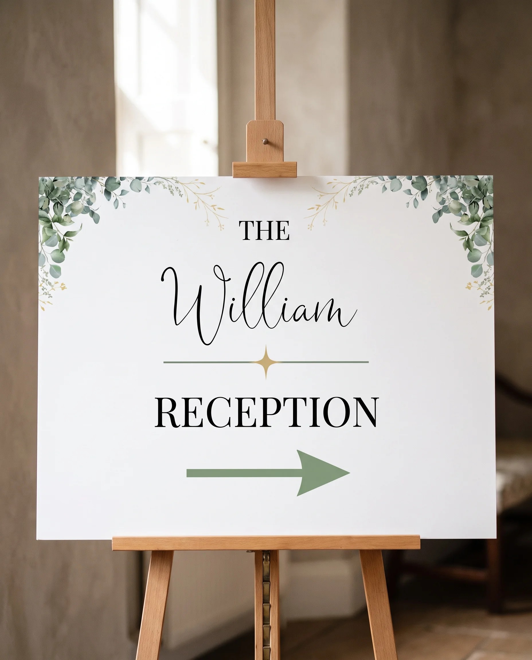 Eucalyptus Gold wedding reception sign — displayed on an easel under soft natural light, premium editorial wedding reception signs.