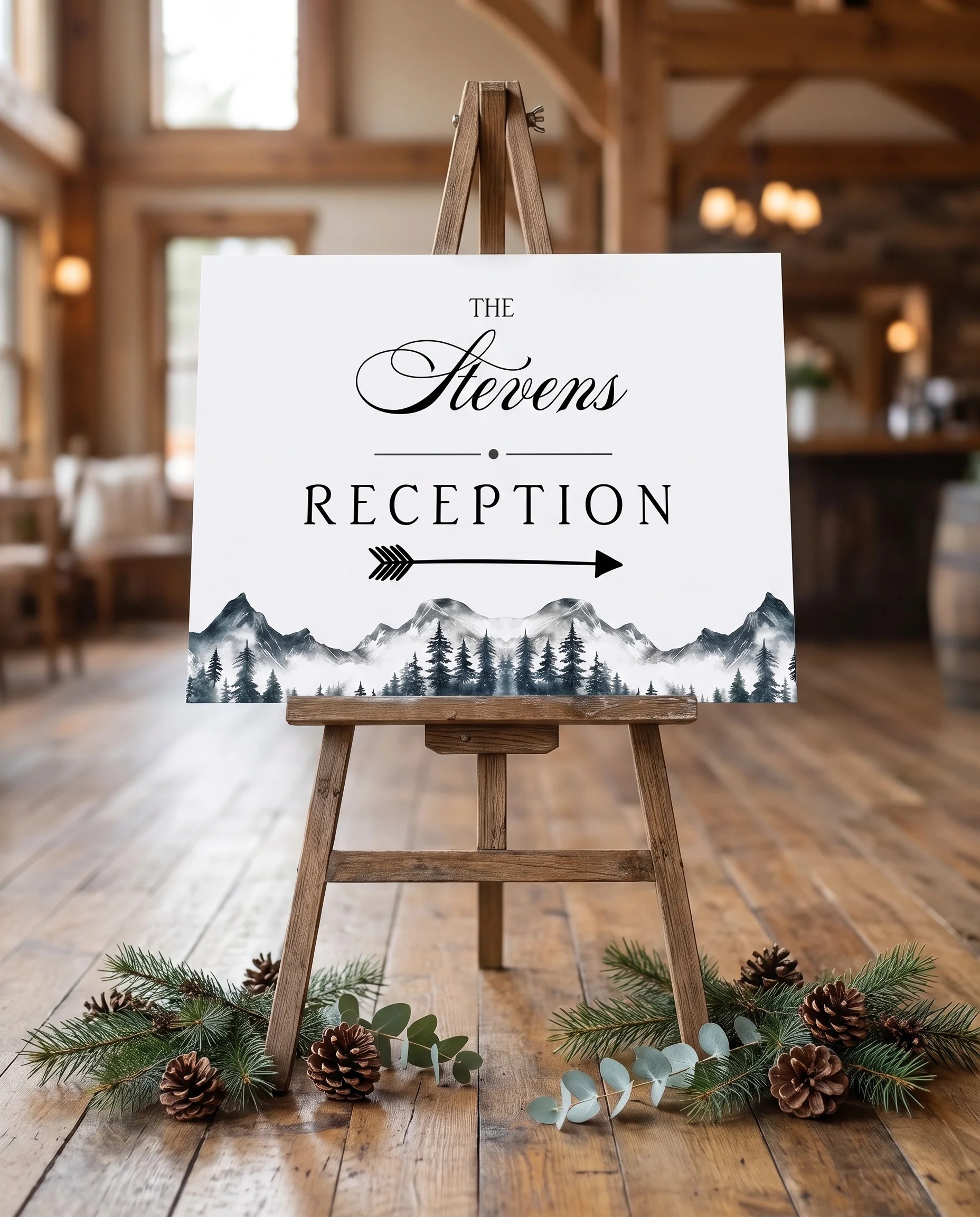 Pinecrest wedding reception sign — displayed at a reception entrance under soft natural light, slight overhead angle, wedding signs.