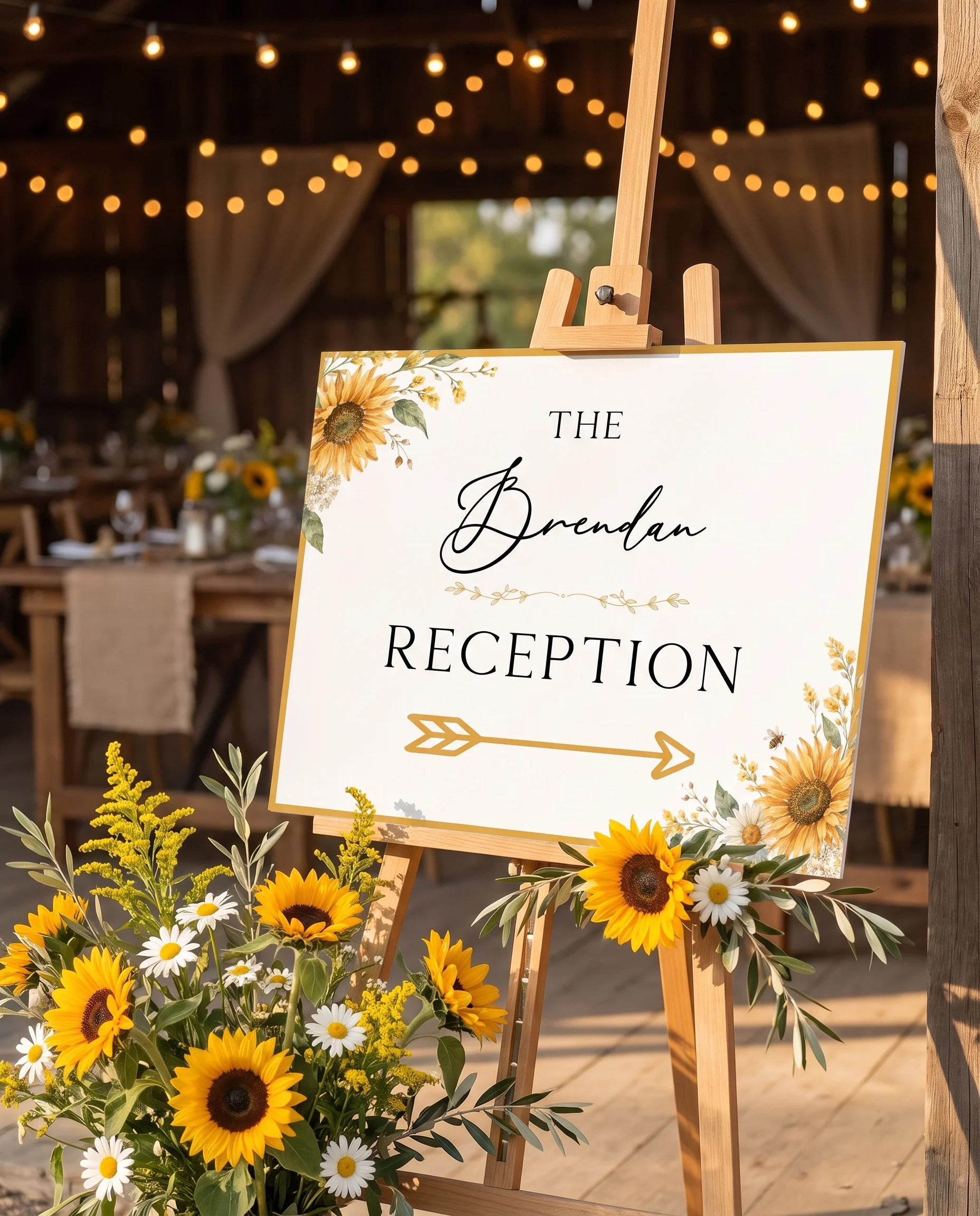 Honeyfield wedding reception sign — displayed at a reception entrance under soft natural light, slight overhead angle, wedding signs.