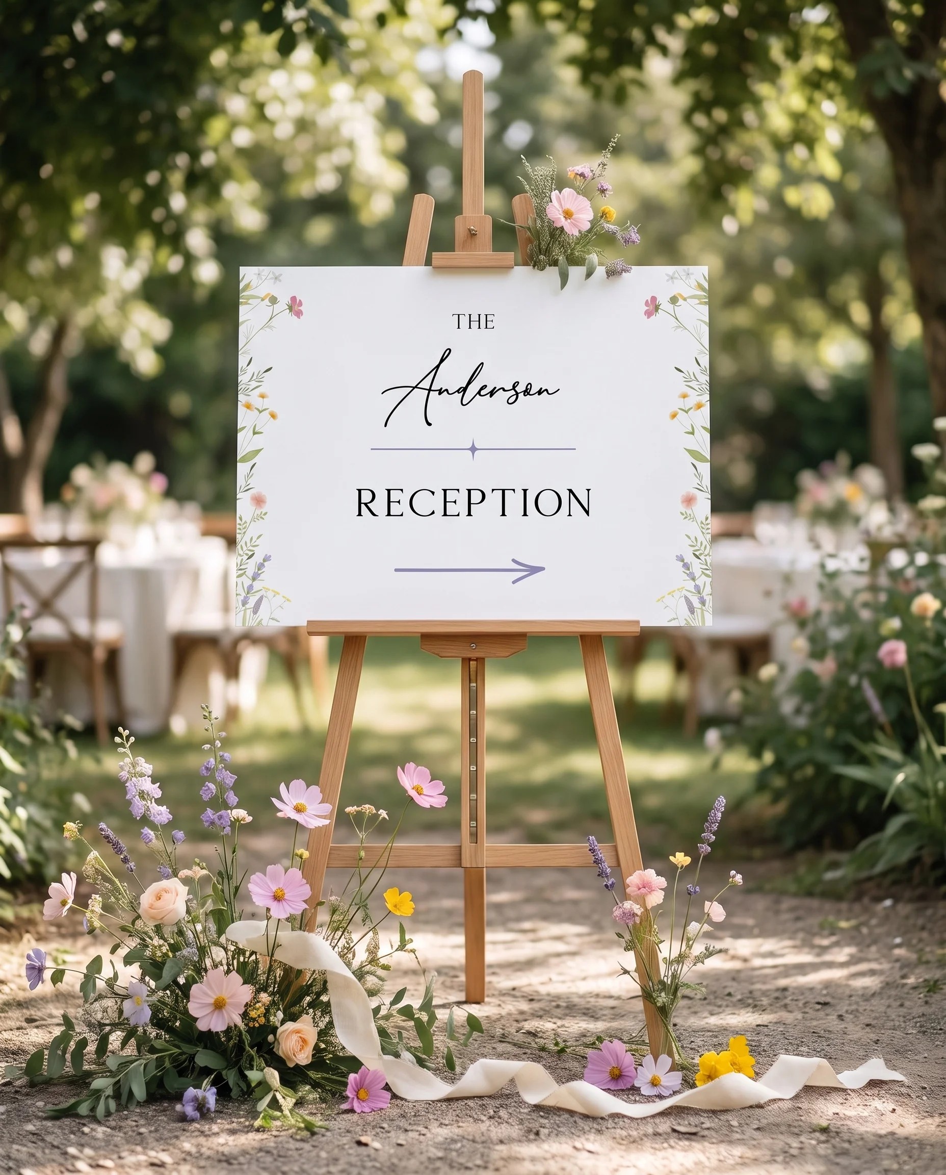 Floret Veil wedding reception sign — displayed at a reception entrance under soft natural light, premium editorial wedding signs.