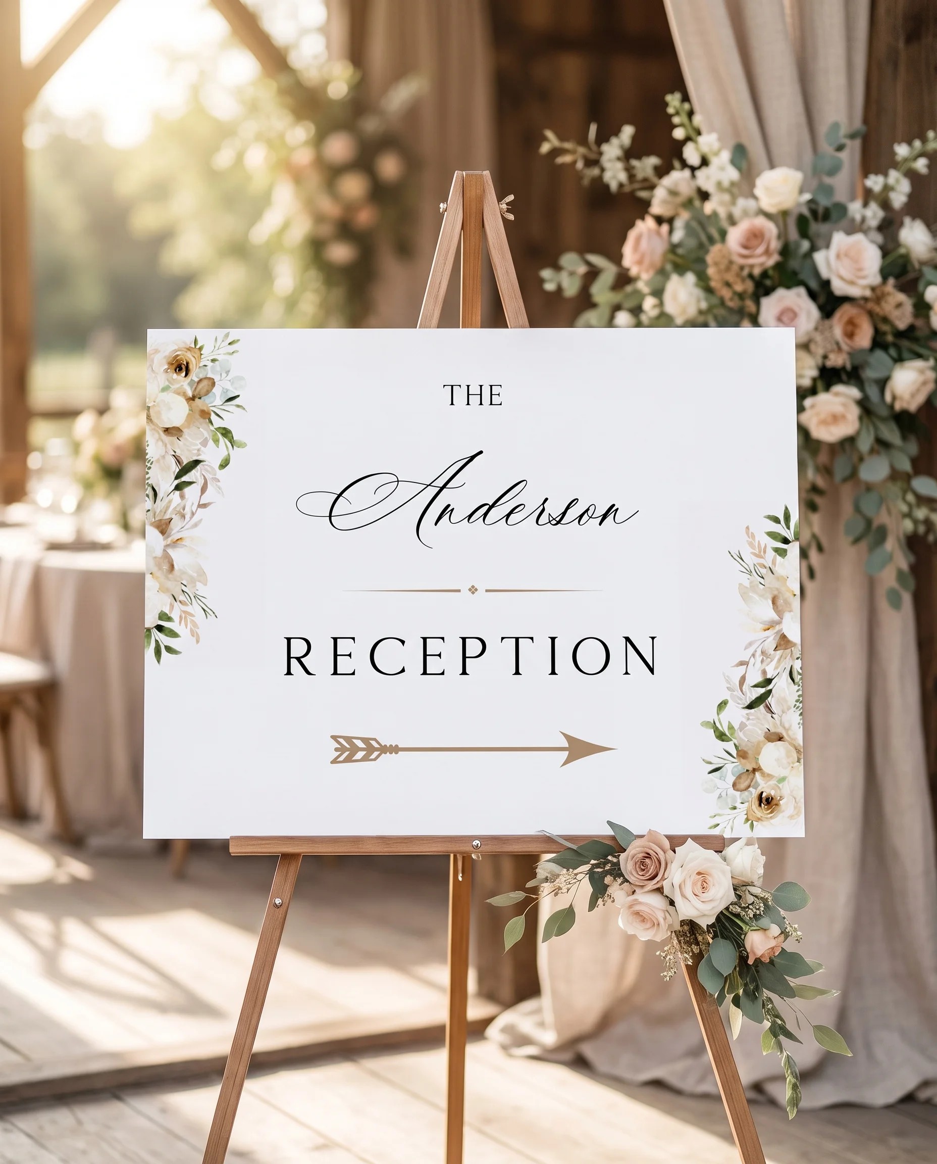 Meadow Veil wedding reception sign — displayed at a reception entrance under soft natural light with a slight overhead angle, wedding signs