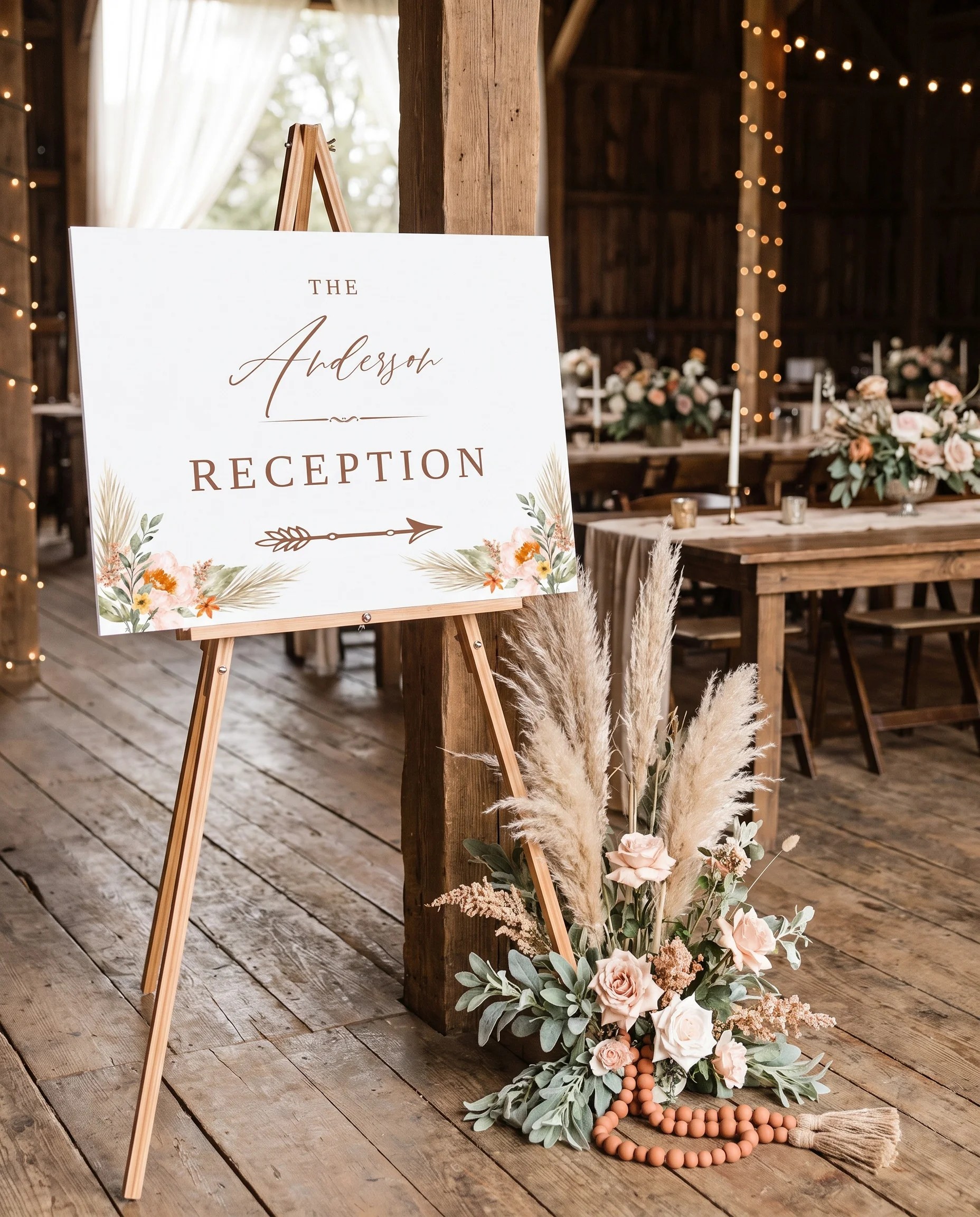 Prairie Fern wedding reception sign — displayed at a reception entrance under soft natural light with a slight overhead angle, wedding signs