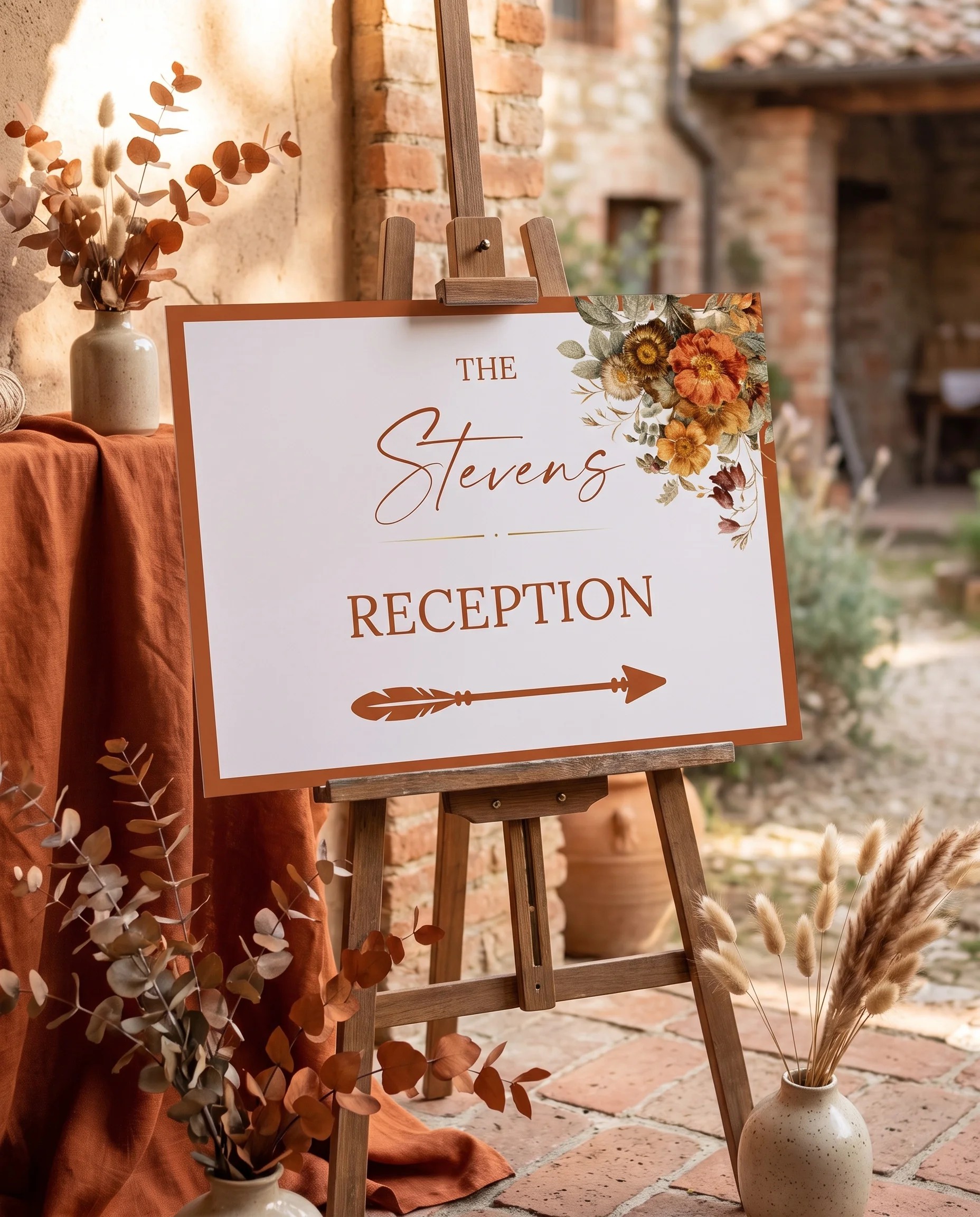 Terracotta Crown wedding reception sign — displayed at a reception entrance under soft natural light, wedding signs