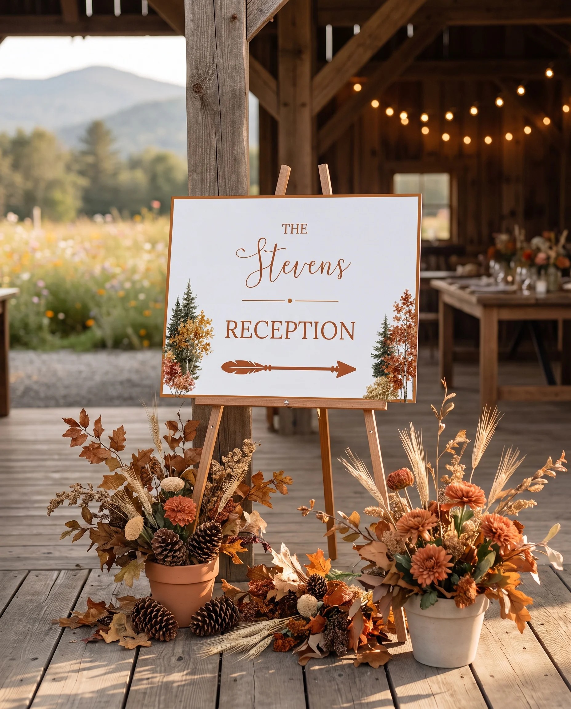 Autumn Vale wedding reception sign — displayed at a reception entrance under soft natural light with a slight overhead angle, wedding signs