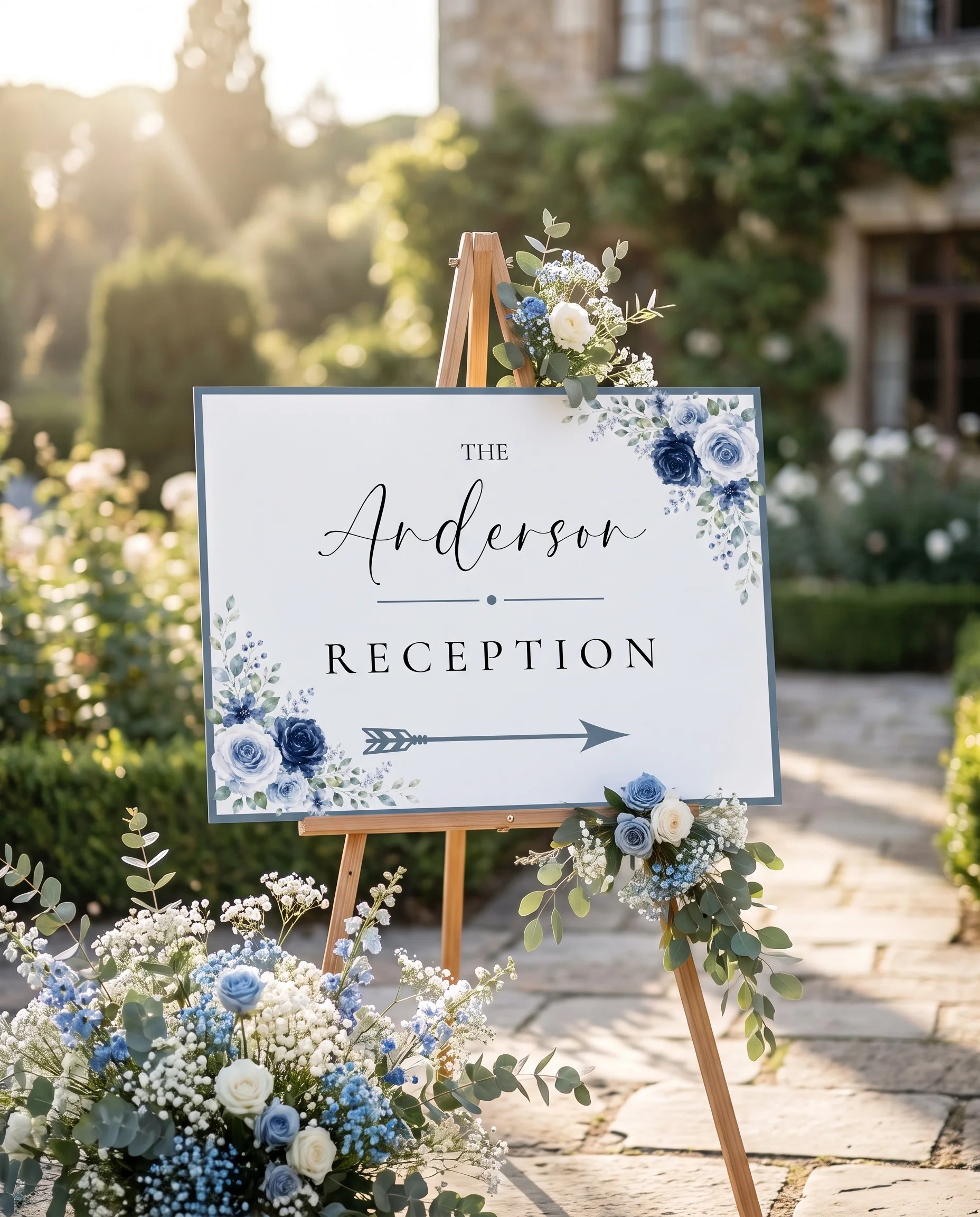 Bluebloom wedding reception sign — displayed at a reception entrance under soft natural light, premium editorial paper, wedding signs.