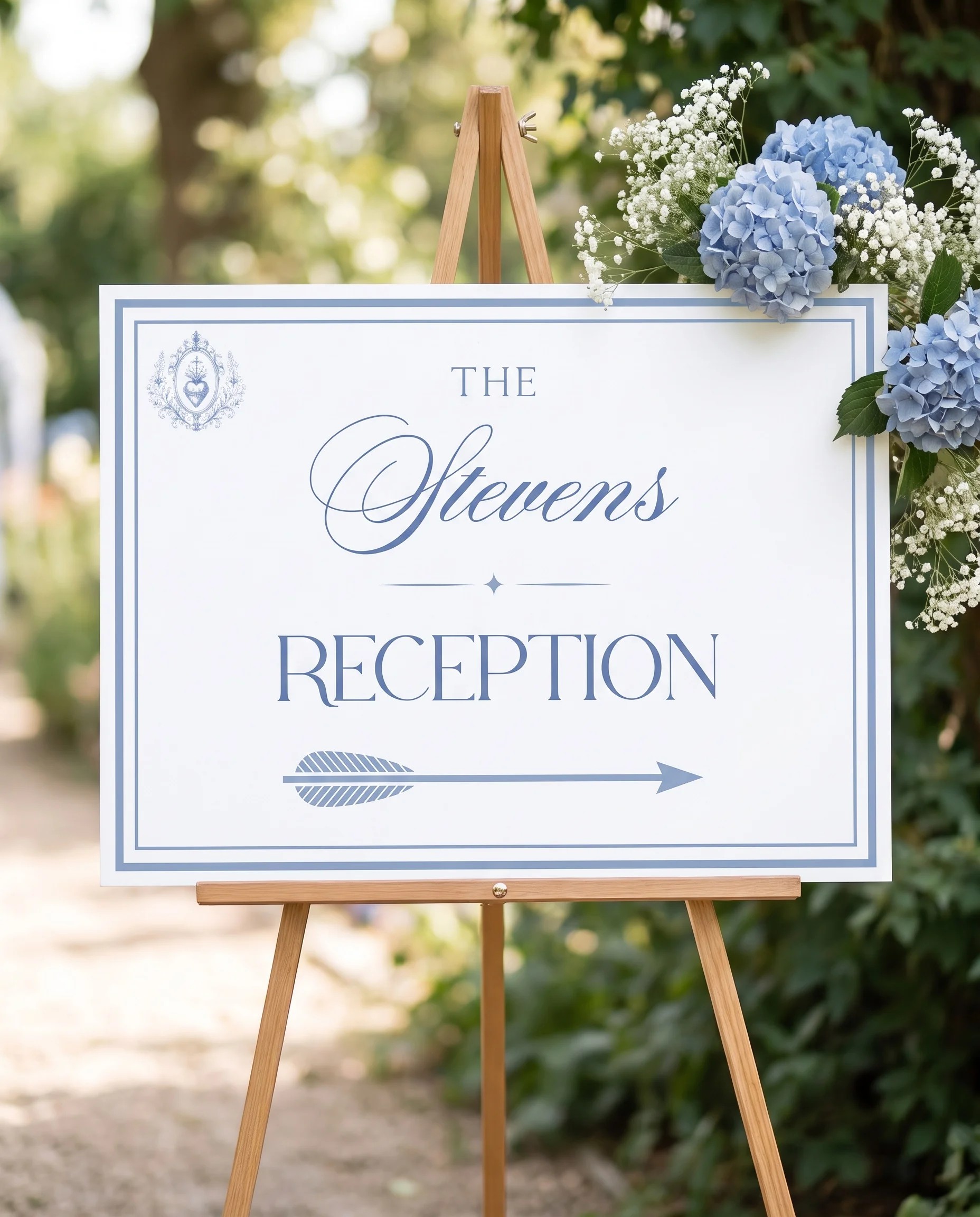 Azure Flourish wedding reception sign — displayed at a reception entrance under soft natural light, premium editorial wedding signs.