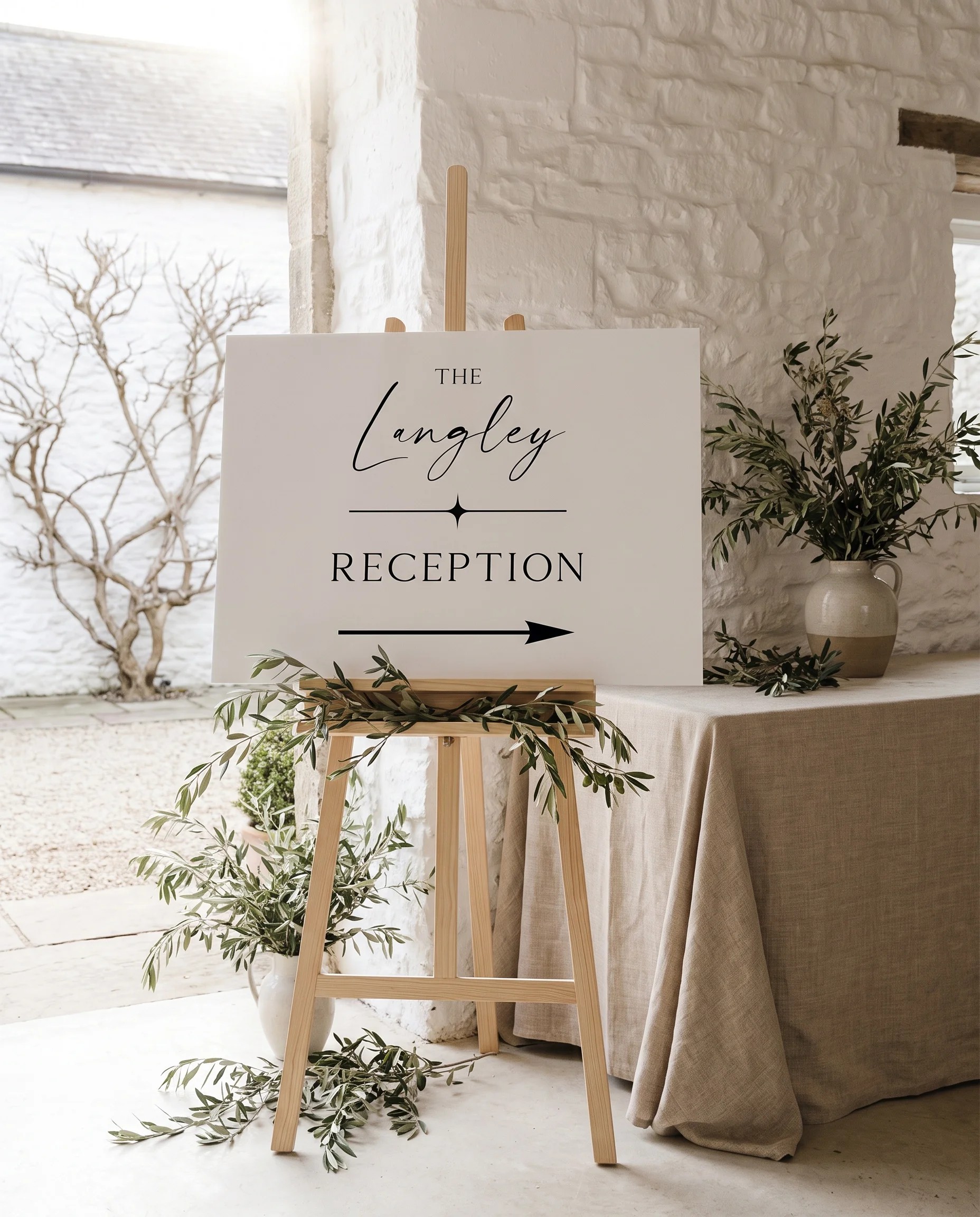 Liminal wedding reception sign — shown beside furniture for scale under soft natural light, wedding signage.