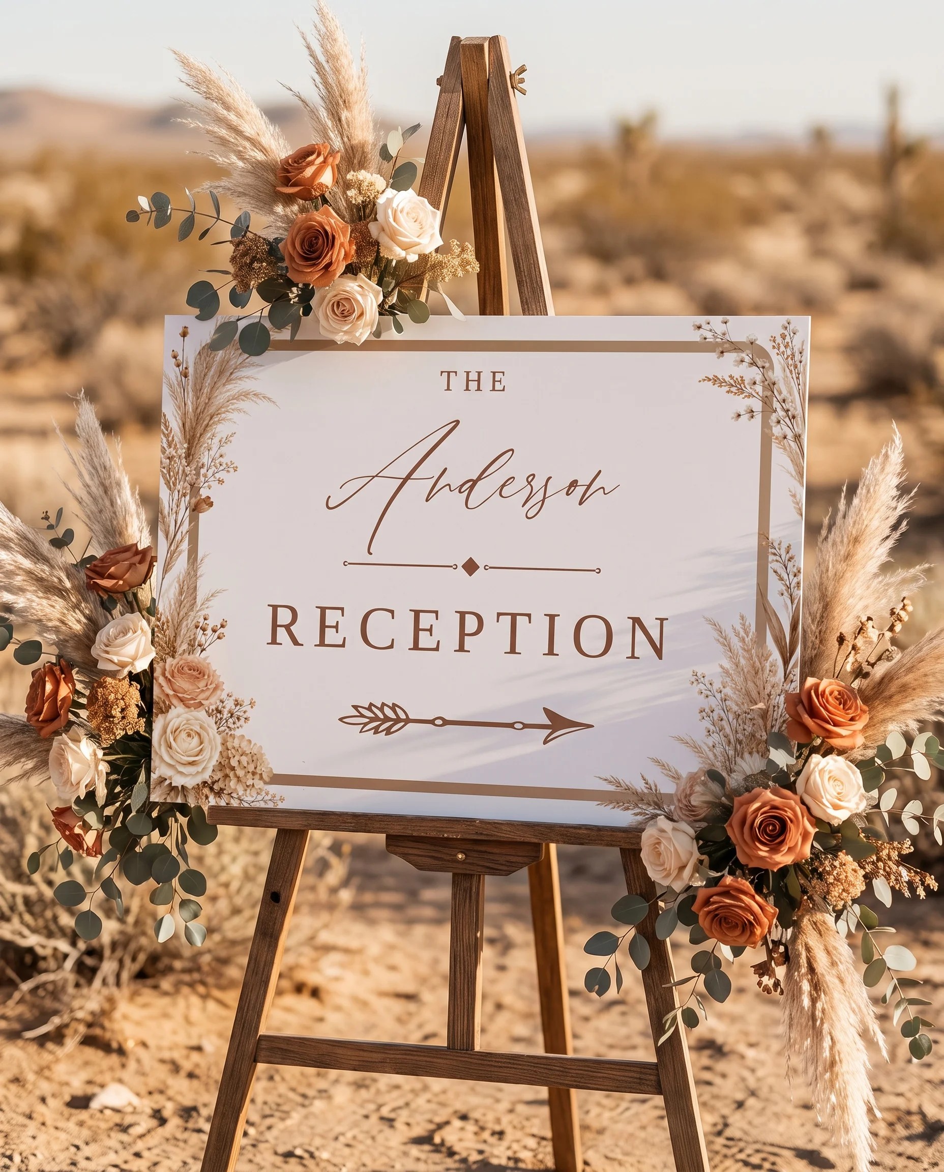 Pampas Hush wedding reception sign — page shown at a reception entrance under soft natural light, premium editorial wedding signs.