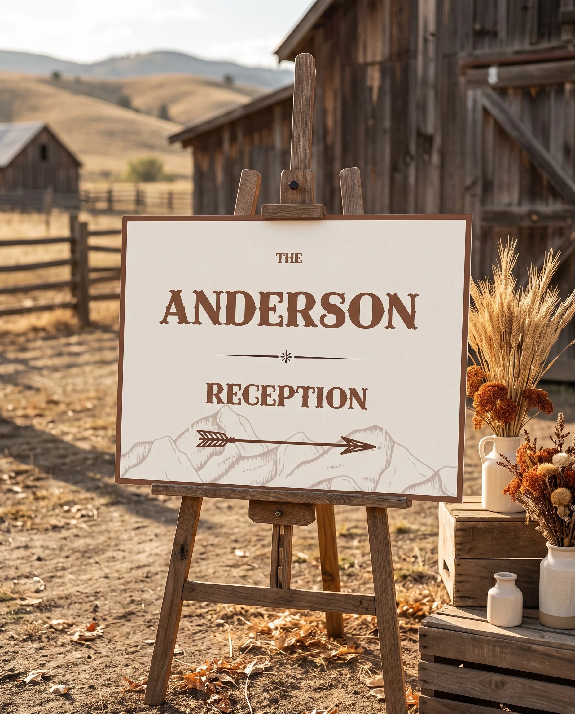 Saddle Crest wedding reception sign — displayed at a reception entrance under soft natural light, premium editorial wedding signs.