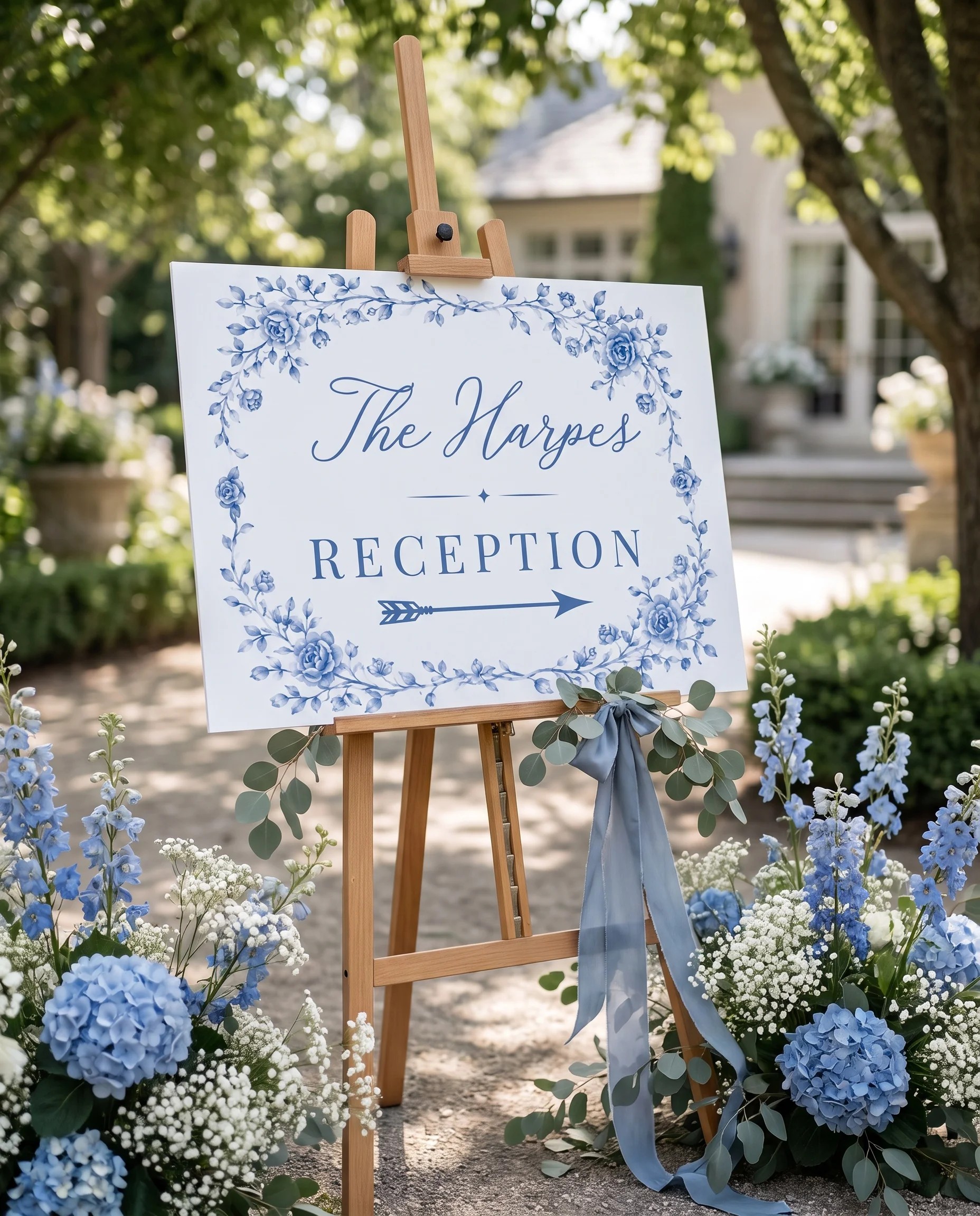 Blue Heron wedding reception sign — displayed at a reception entrance under soft natural light with a slight overhead angle, wedding signs.