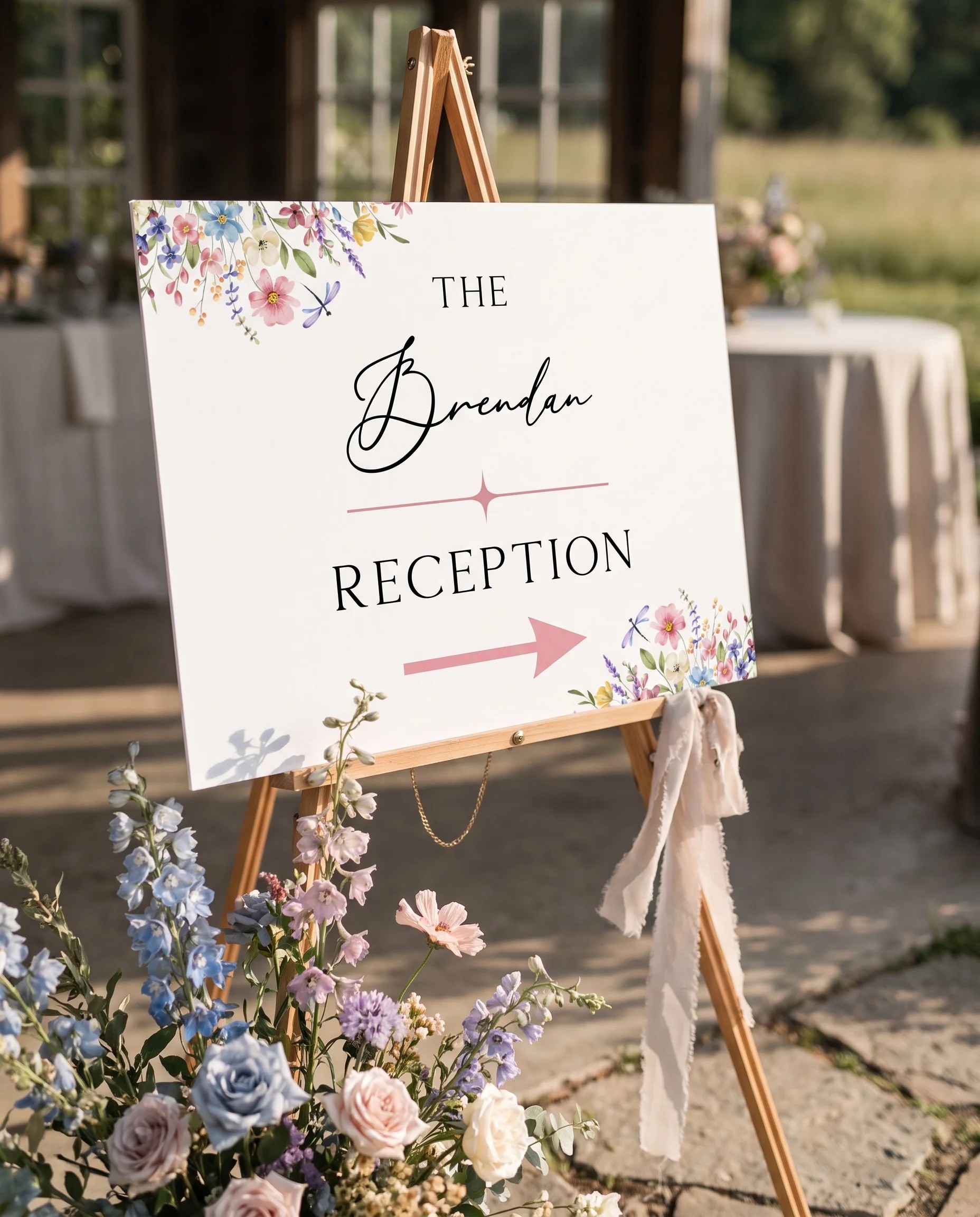 Meadowlark wedding reception sign — displayed at a reception entrance under soft natural light, wedding signs.
