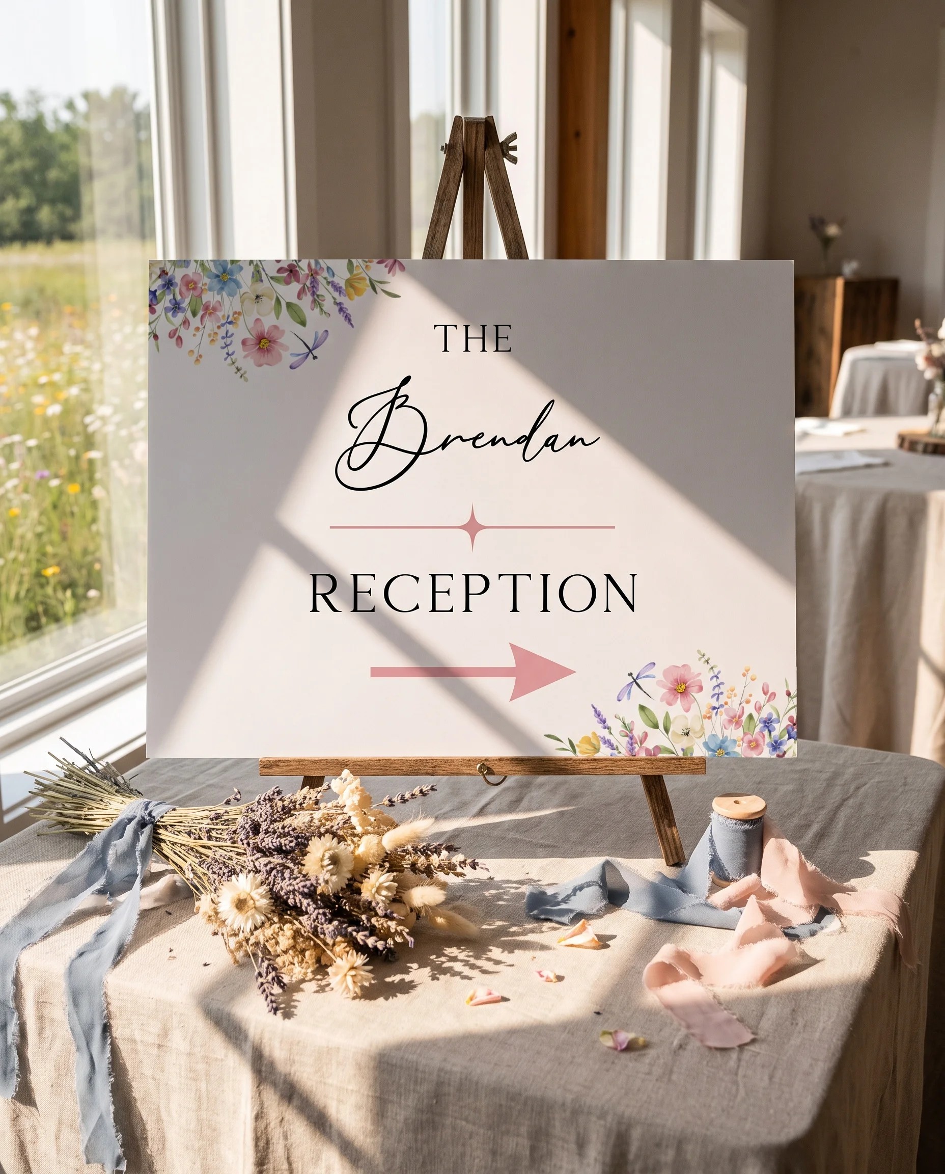 Meadowlark wedding reception sign — displayed on an easel under soft natural light, premium editorial wedding reception signs.