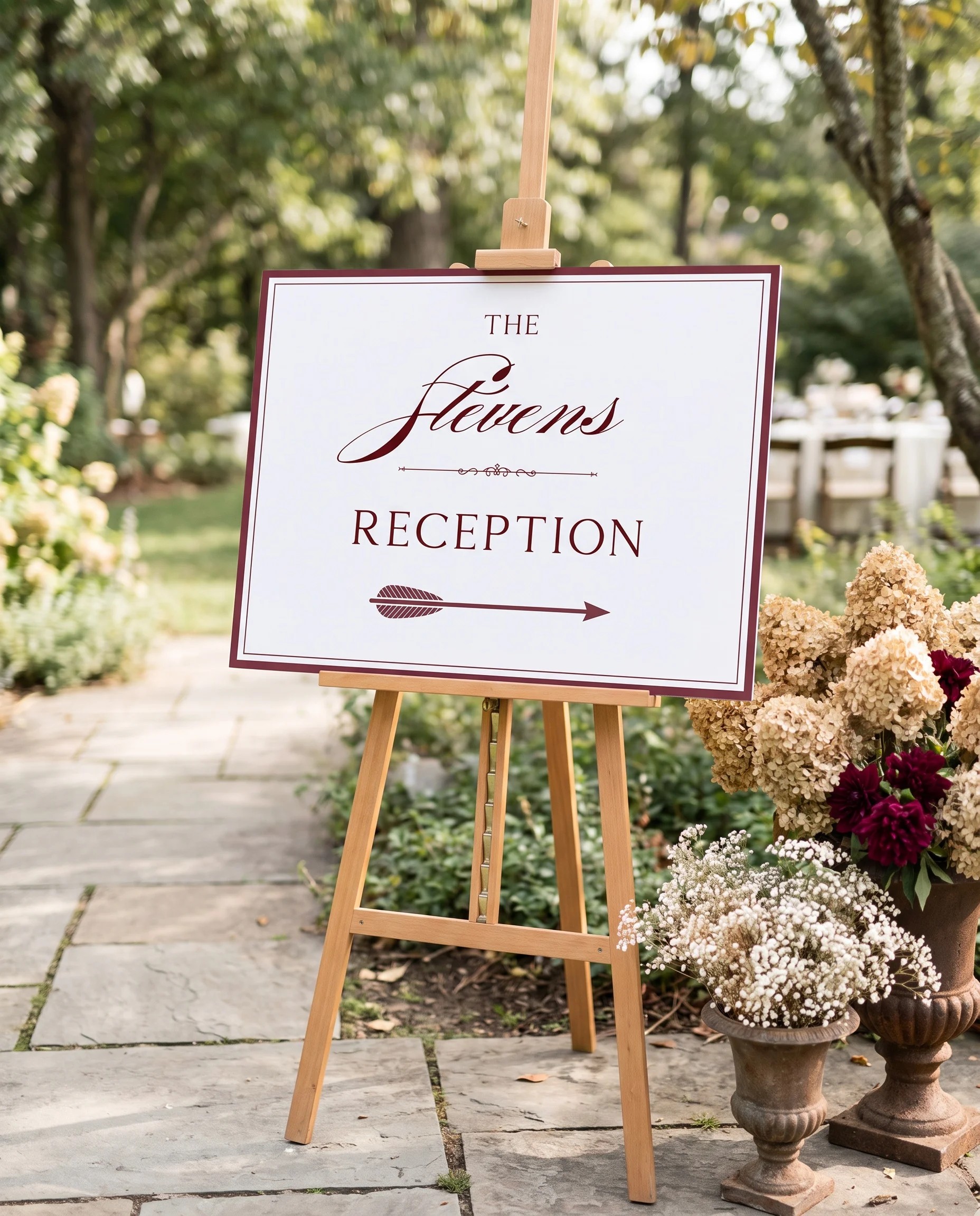 Claret Filigree wedding reception sign — displayed at a reception entrance in soft natural light with a slight overhead angle, wedding signs