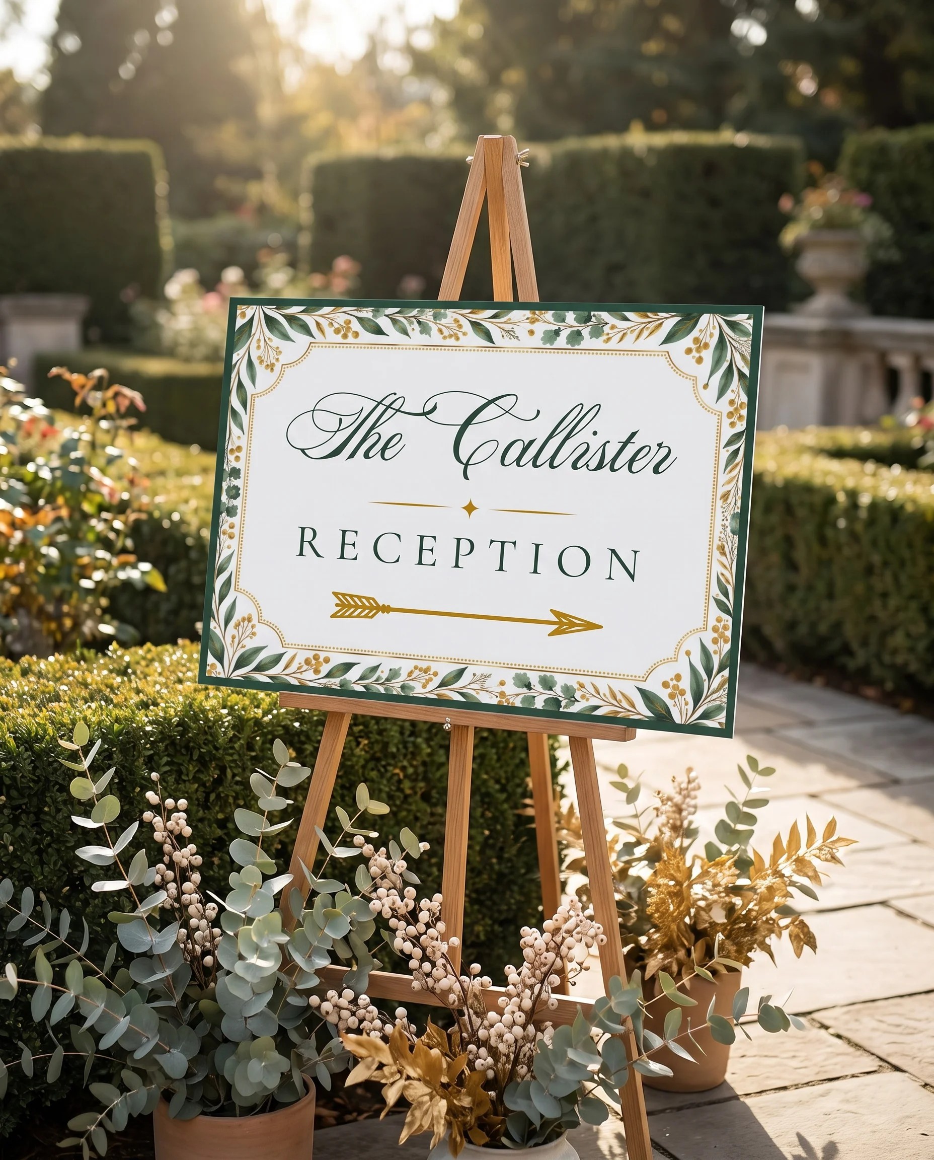 Gilded Foliage wedding reception sign — displayed at a reception entrance under soft natural light, wedding signs