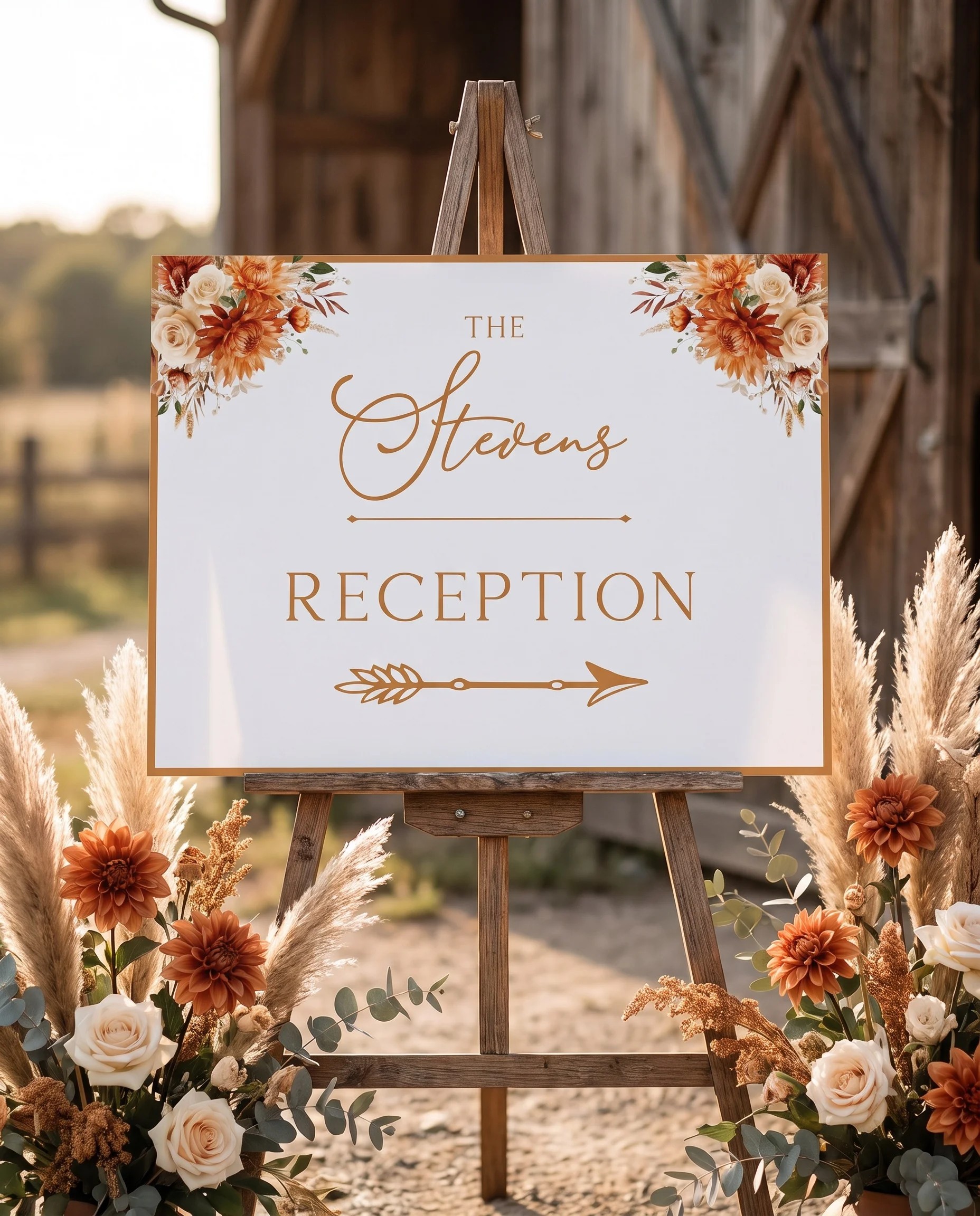 Marigold wedding reception sign — displayed at a reception entrance under soft natural light, premium editorial paper, wedding signs.