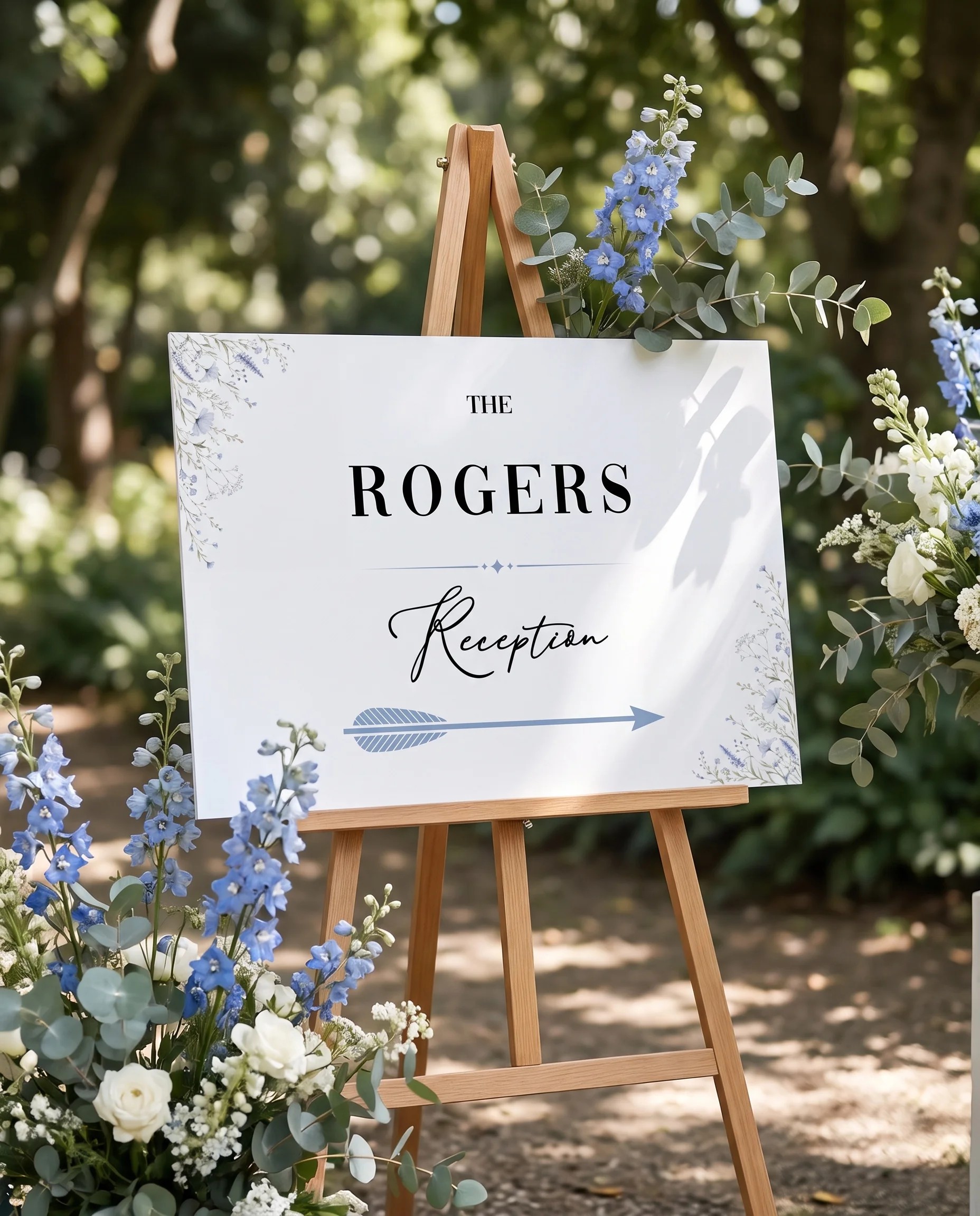 Azure Sprig wedding reception sign — shown at a reception entrance under soft natural light on premium editorial paper, wedding signs.