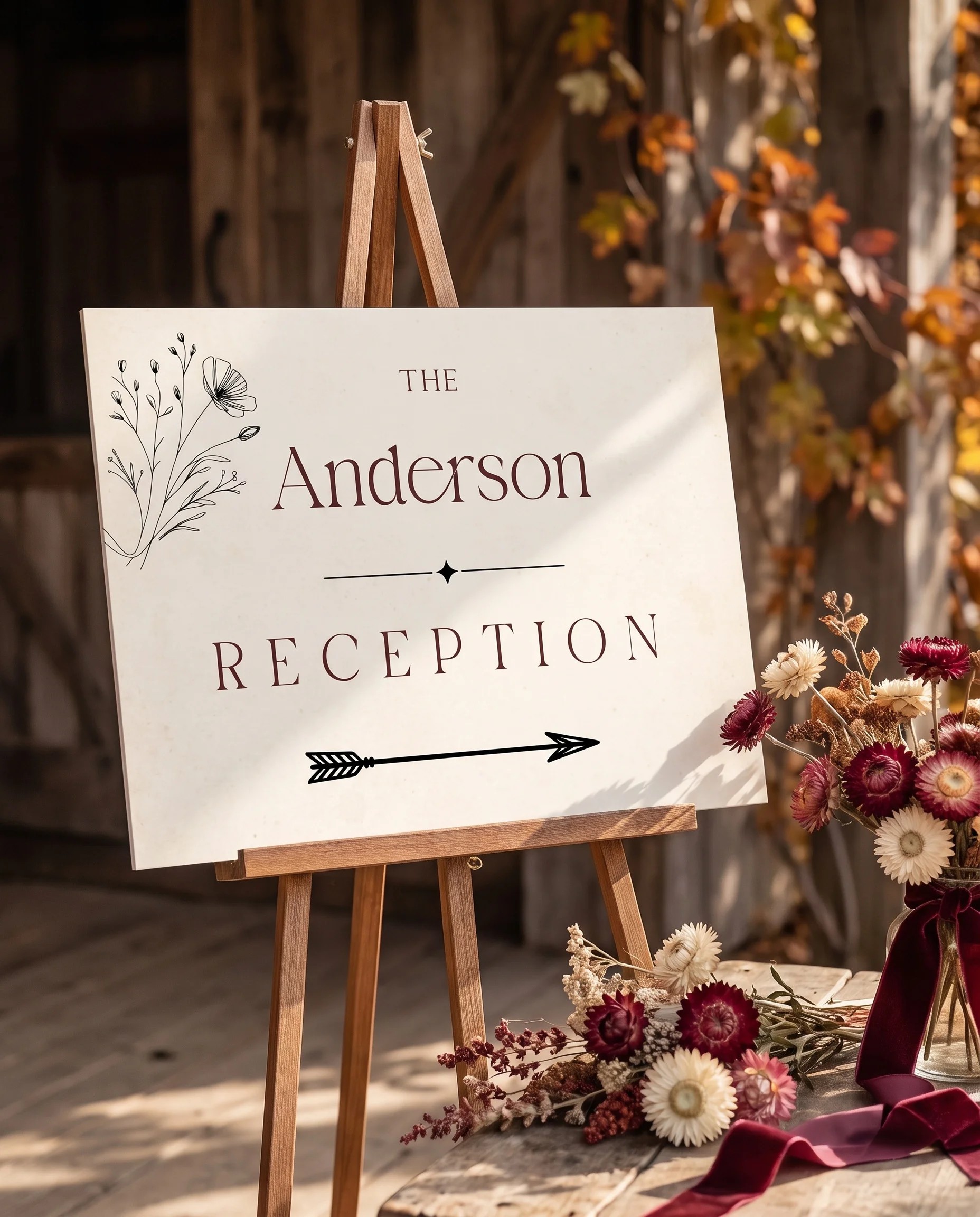 Heritage Bloom wedding reception sign — displayed at a reception entrance under soft natural light with a slight overhead angle, wedding signs