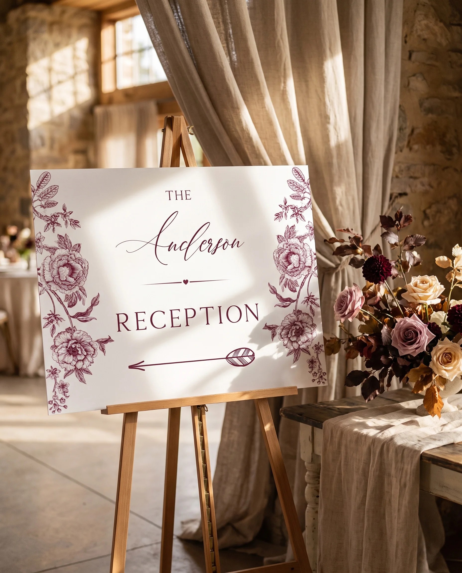 Chantilly wedding reception sign — displayed at a reception entrance under soft natural light, shot from a slight overhead angle, wedding signs
