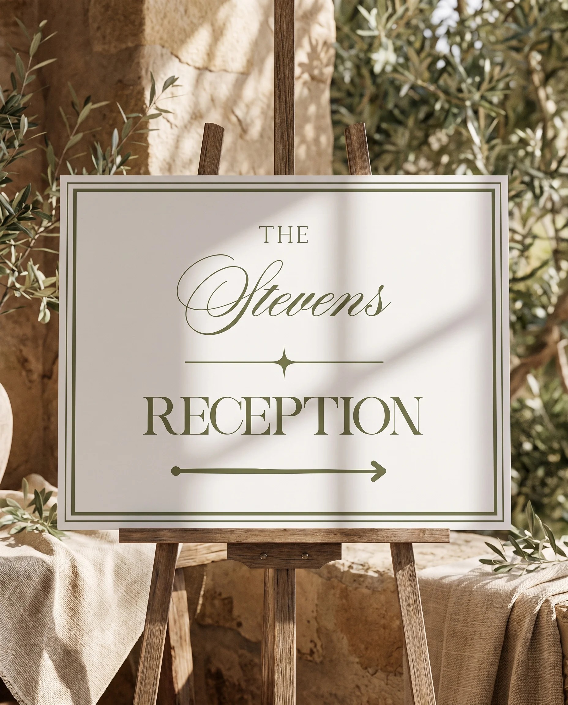 Olive Script wedding reception sign — displayed on an easel under soft natural light at a slight overhead angle, wedding reception signs.