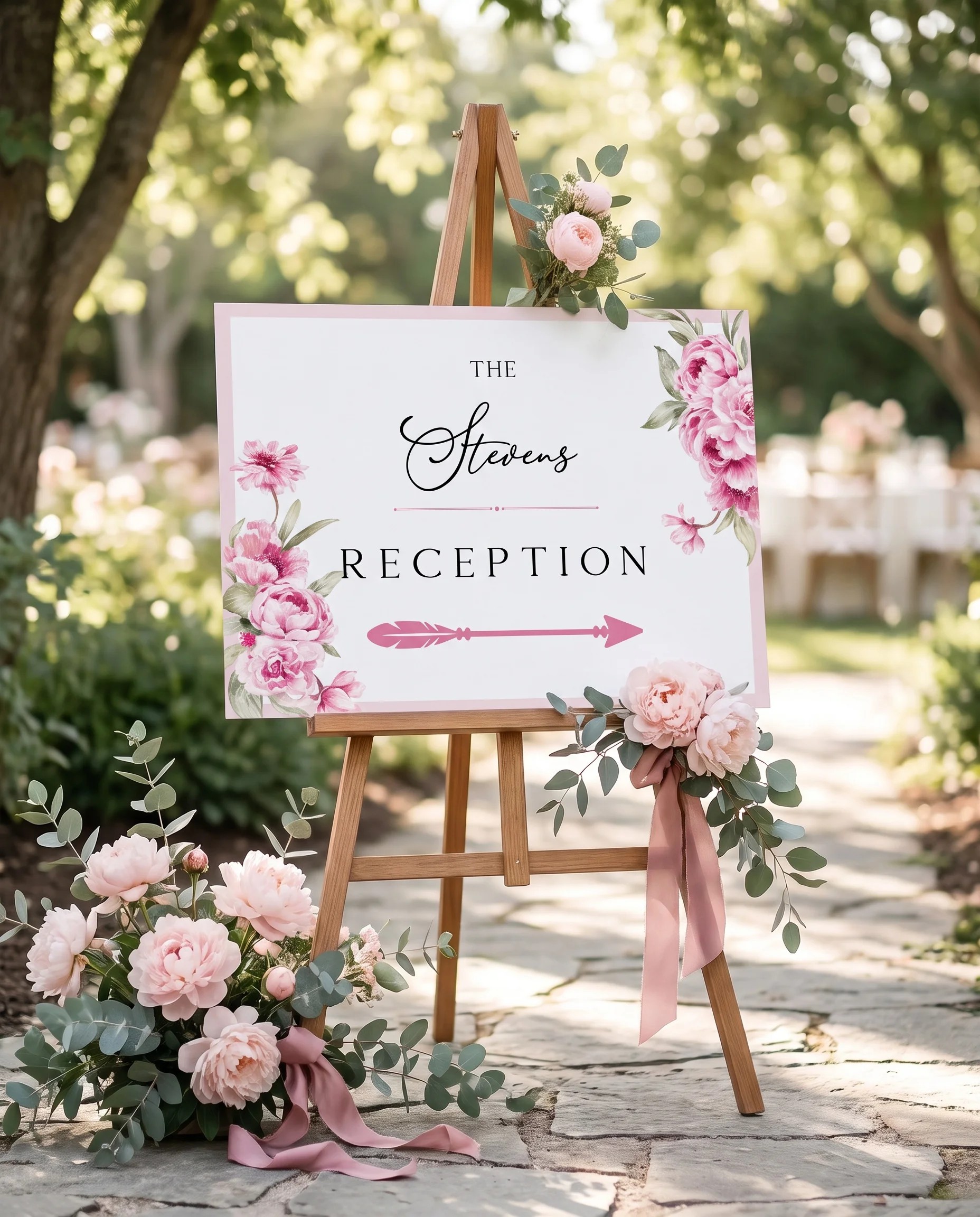 Blush Peony wedding reception sign — displayed at a reception entrance under soft natural light, premium editorial wedding signs.