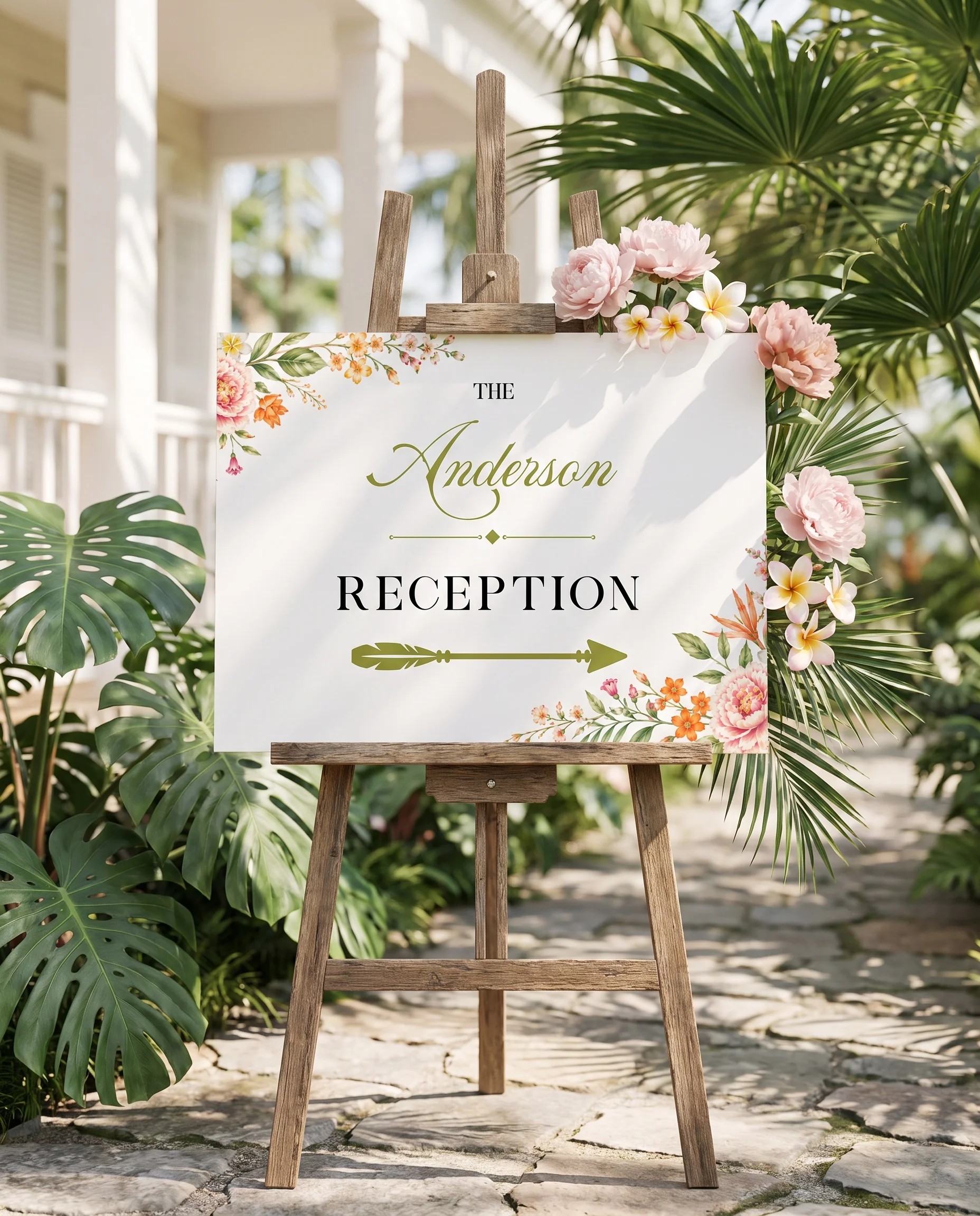 Plumeria Peony wedding reception sign — displayed on an easel under soft natural light at a slight overhead angle, wedding reception signs.