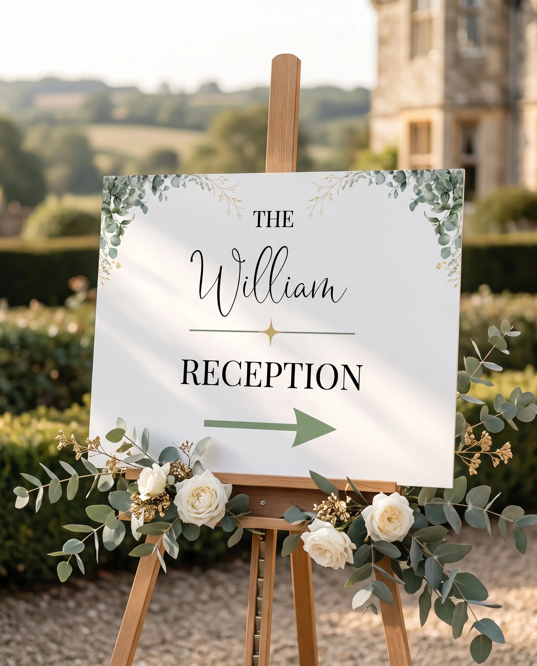 Eucalyptus Gold wedding reception sign — displayed at a reception entrance under soft natural light, premium editorial wedding signs.