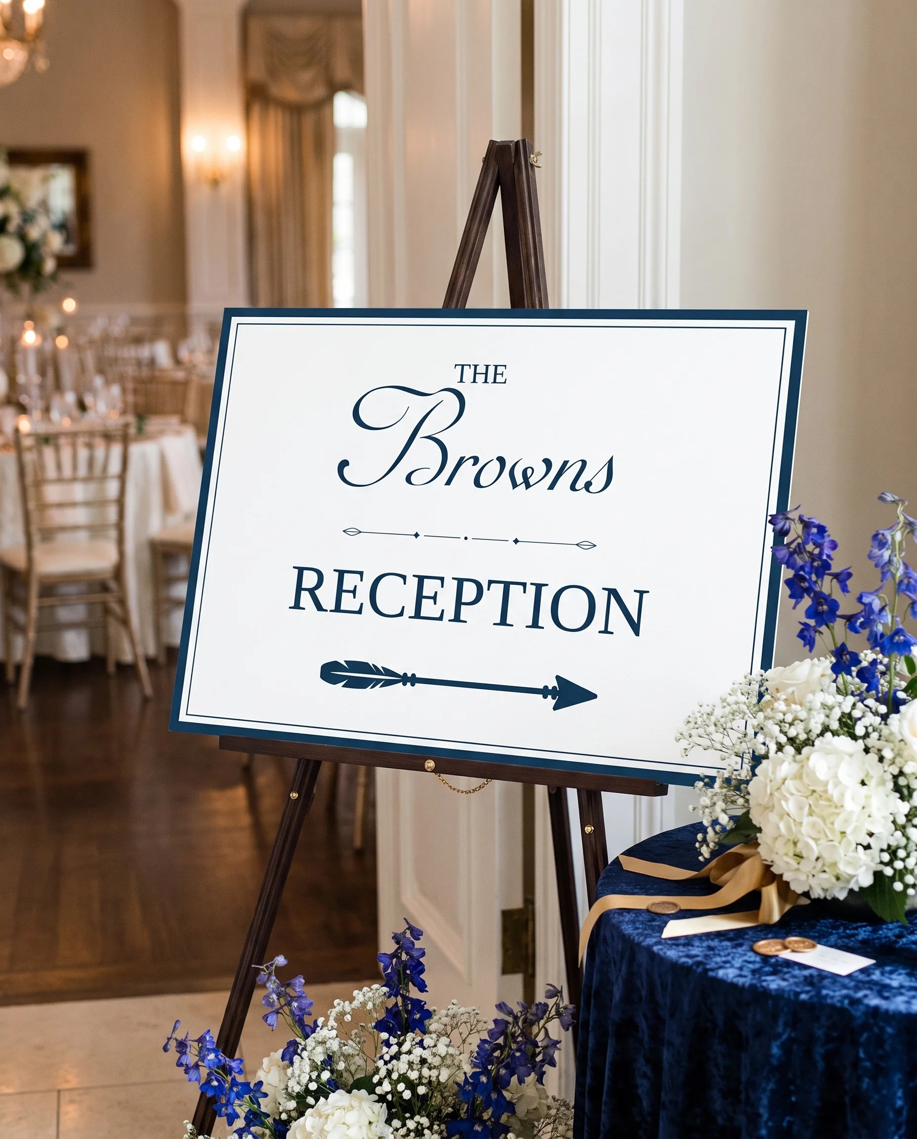 Windsor Crown wedding reception sign — displayed at a reception entrance under soft natural light, premium editorial wedding signs.