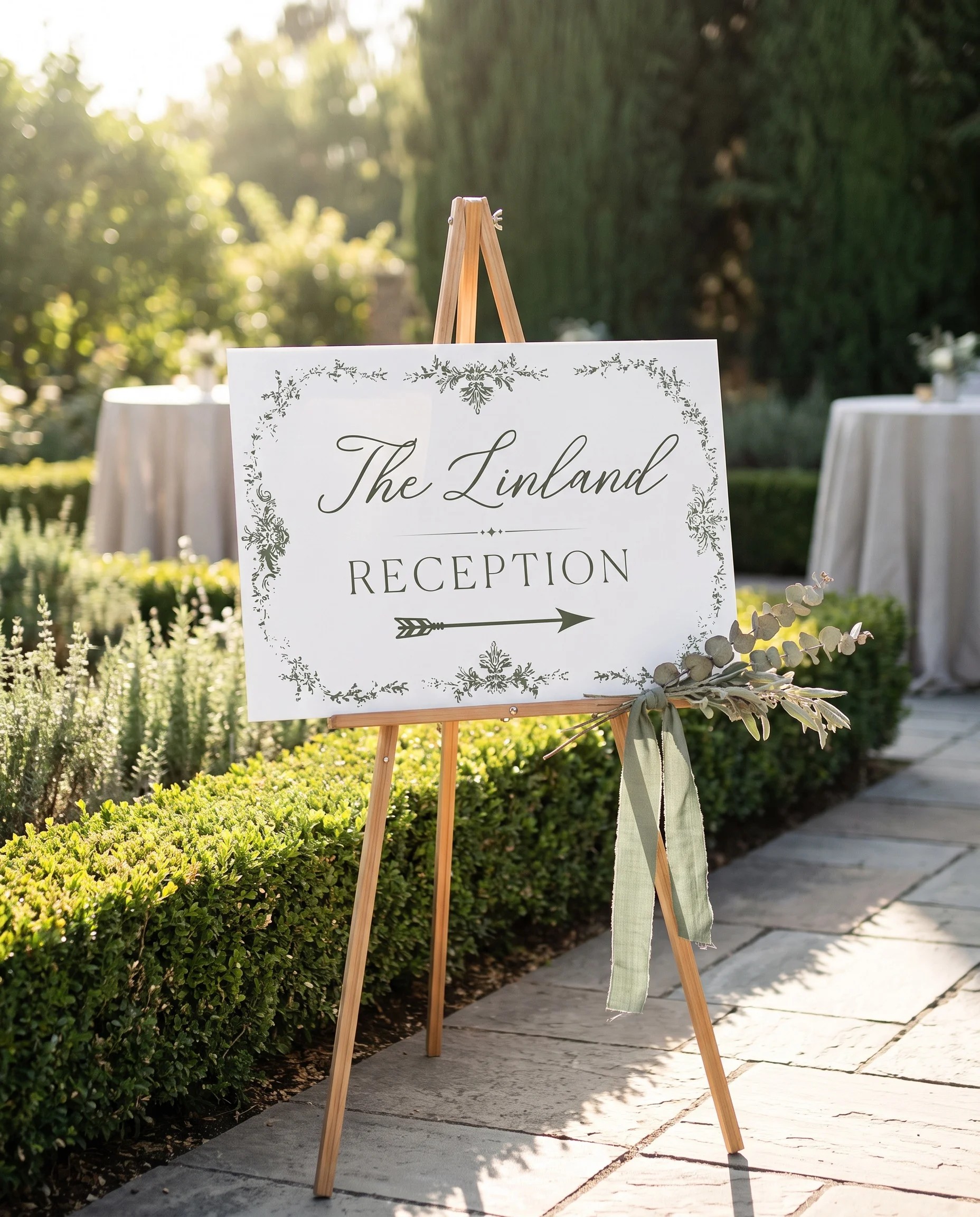 Sage Crest wedding reception sign — displayed at a reception entrance under soft natural light, premium editorial wedding signs.