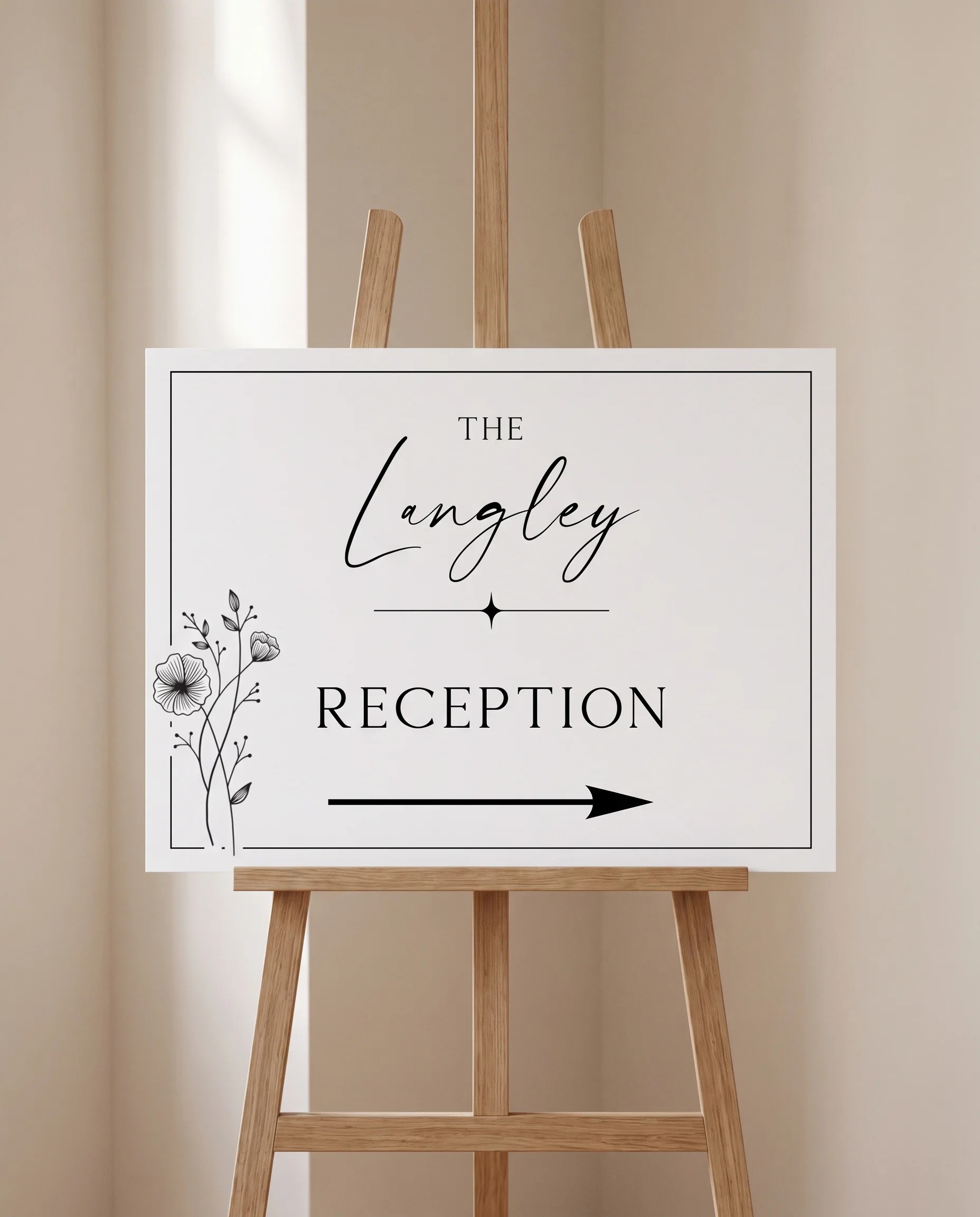 Hush Bloom wedding reception sign — displayed on an easel under soft natural light at a slight overhead angle, wedding reception signs.