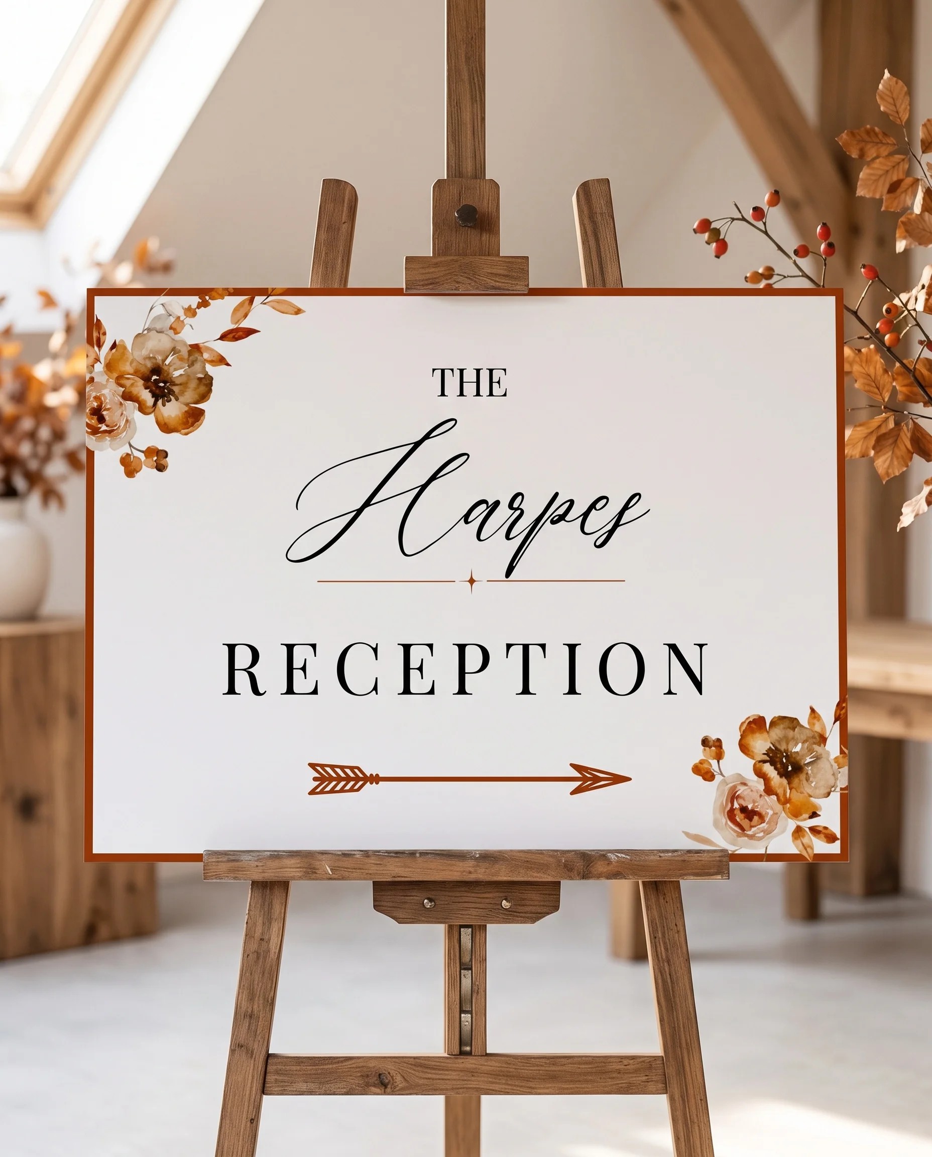 Autumn Bramble wedding reception sign — displayed on an easel under soft natural light at a slight overhead angle, wedding reception signs