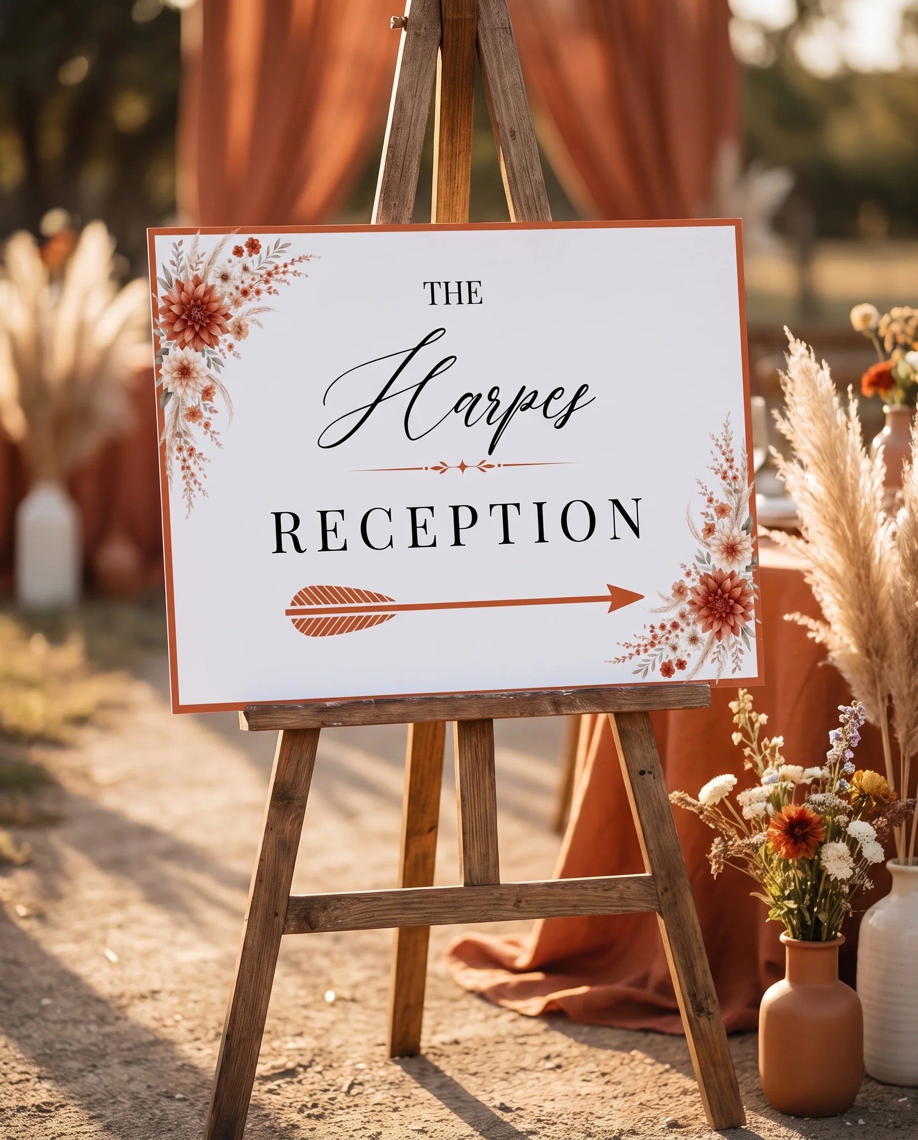 Dahlia Ember wedding reception sign — displayed at a reception entrance under soft natural light with a slight overhead angle, wedding signs