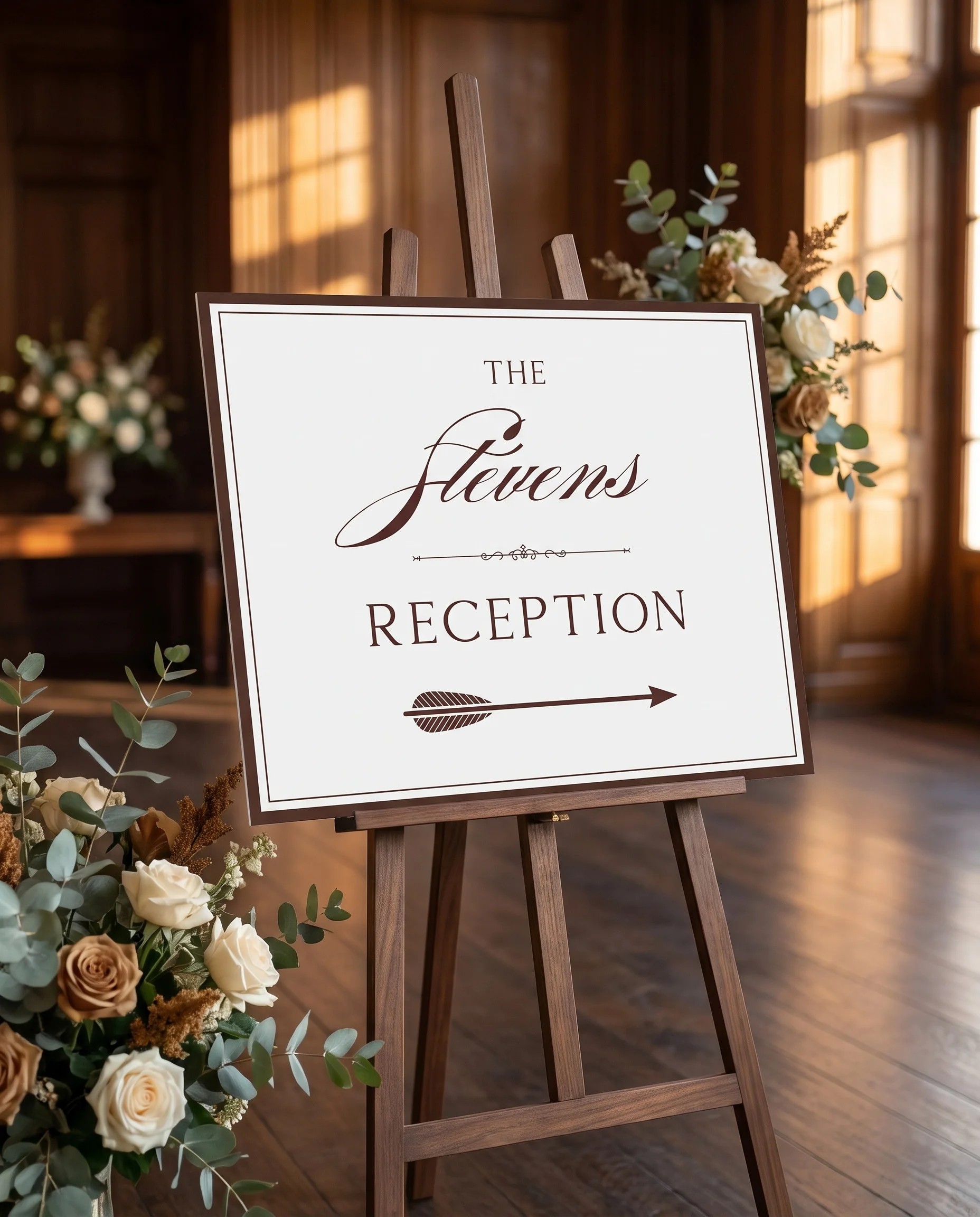 Velour wedding reception sign — displayed at a reception entrance under soft natural light with a slight overhead angle, wedding signs