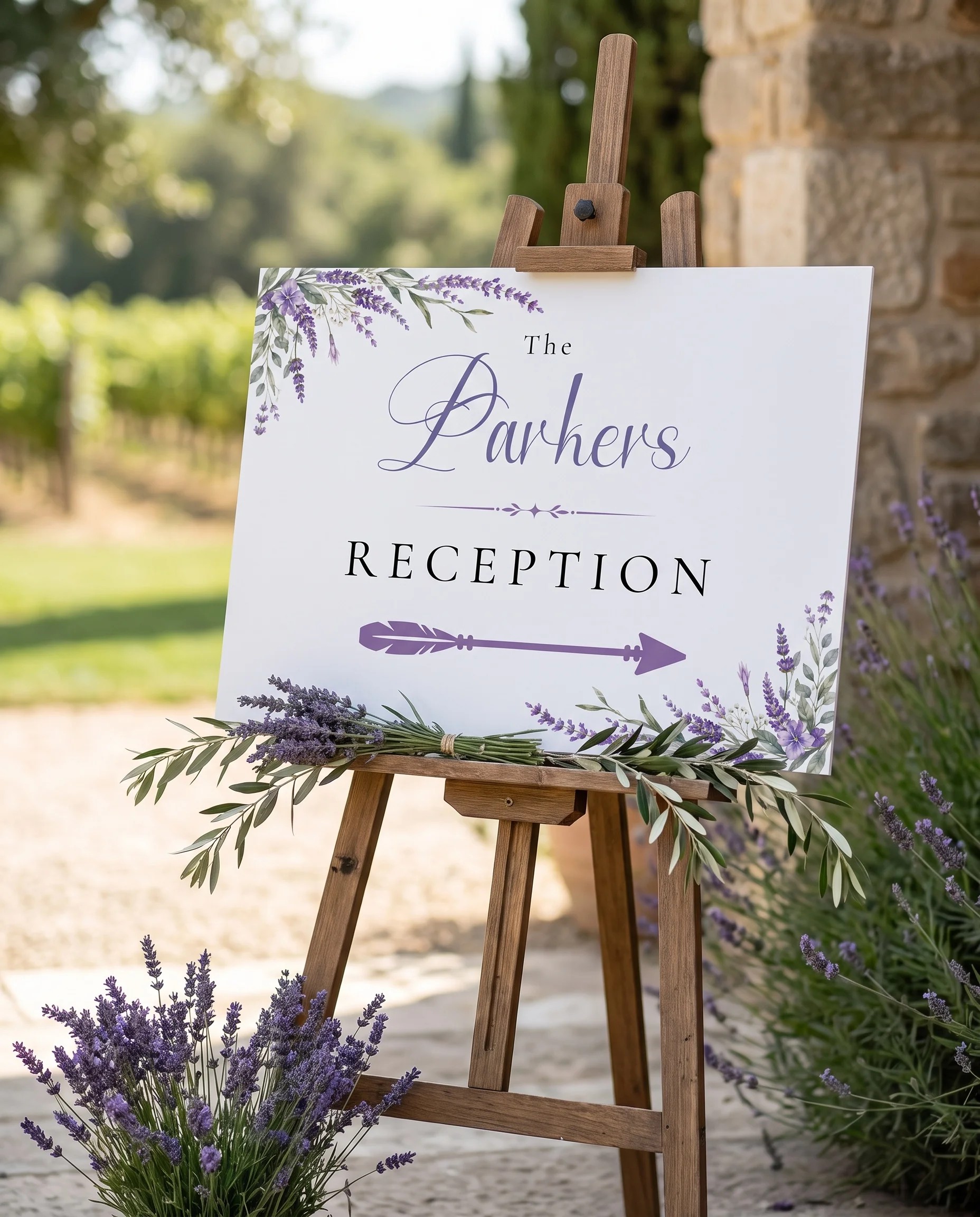 Provence Fields wedding reception sign — displayed at a reception entrance under soft natural light with a slight overhead angle, wedding signs