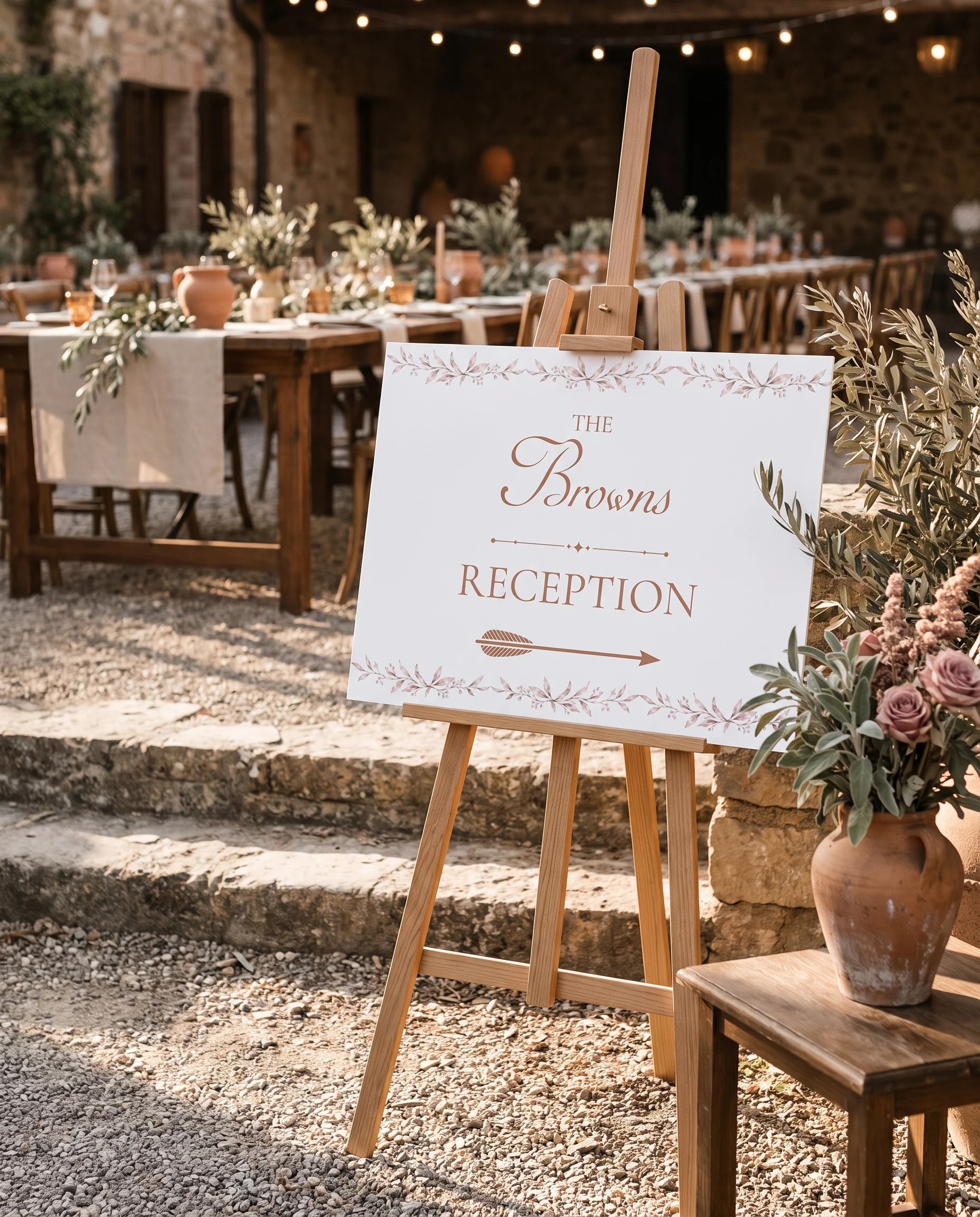 Sepia Sprig wedding reception sign — displayed at a reception entrance under soft natural light with a slight overhead angle, wedding signs
