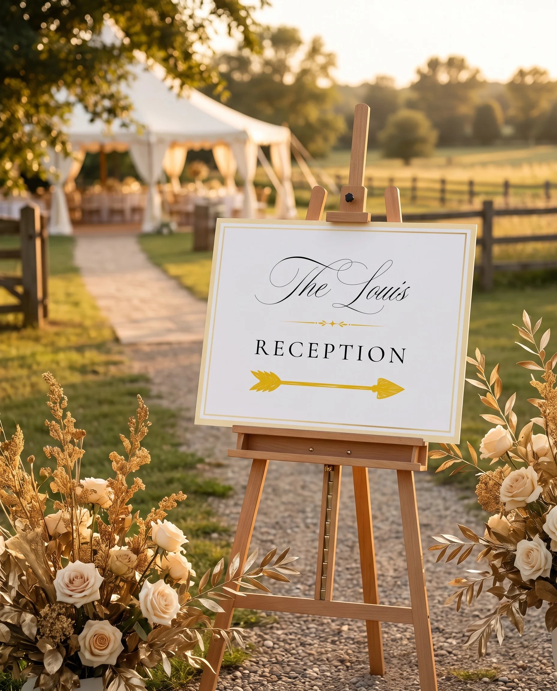Gilded Bough wedding reception sign — displayed at a reception entrance under soft natural light, wedding signs