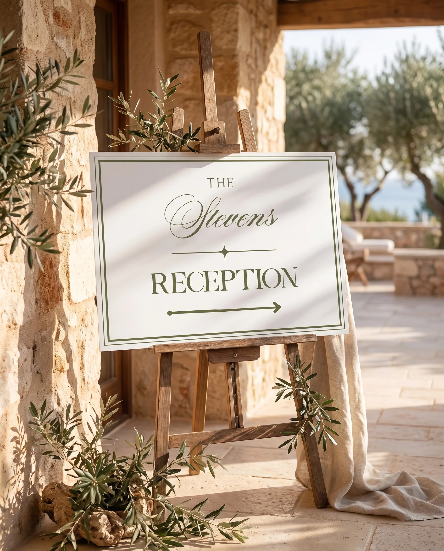 Olive Script wedding reception sign — placed at the reception entrance under soft natural light, wedding signs