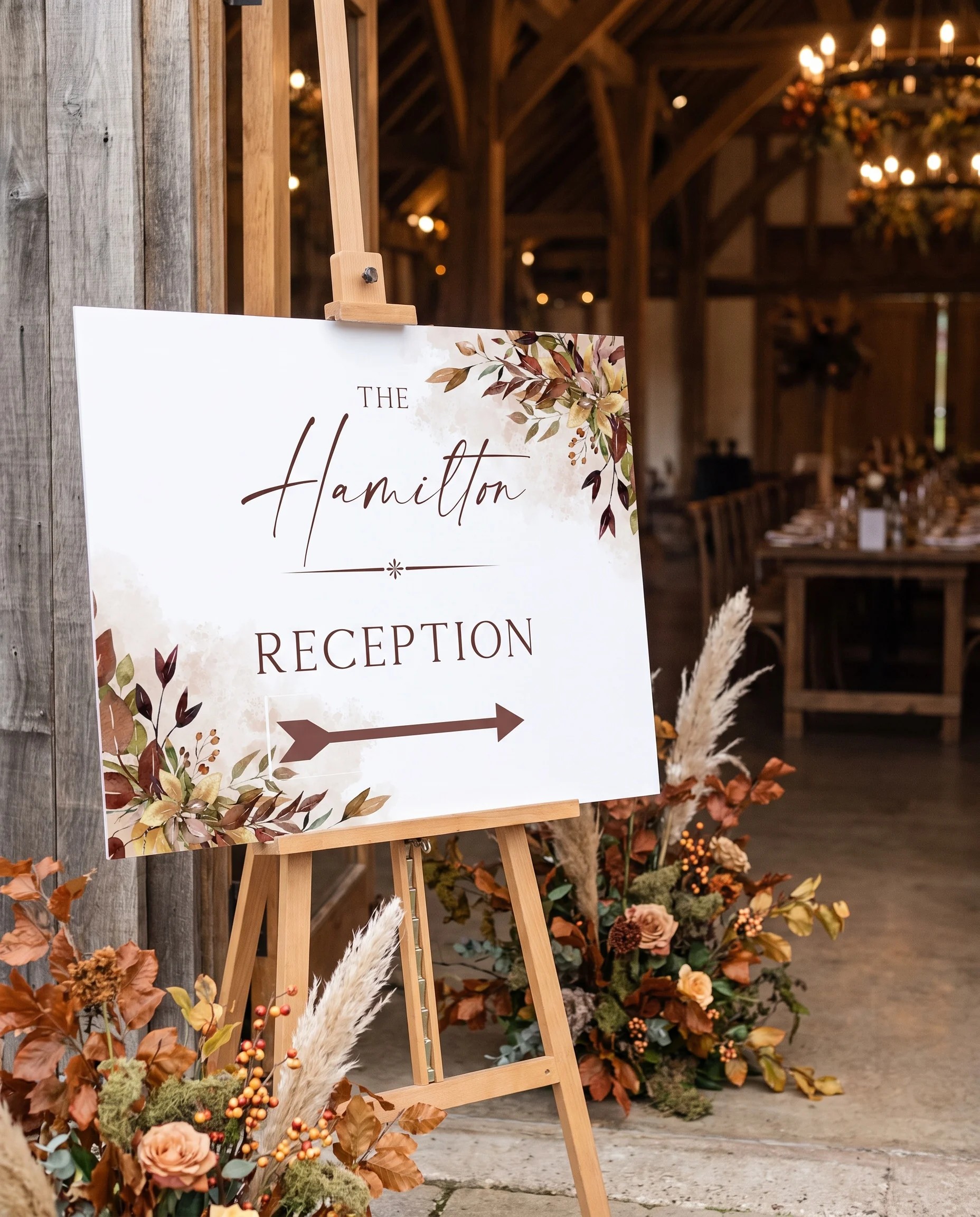 Autumn Bough wedding reception sign — displayed at a reception entrance under soft natural overhead light, wedding signs