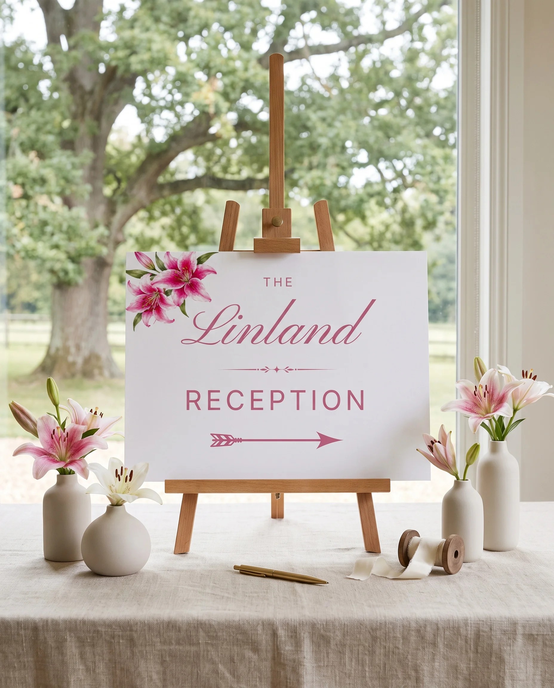 Lily Bloom wedding reception sign — displayed on an easel under soft natural light, premium editorial wedding reception signs.