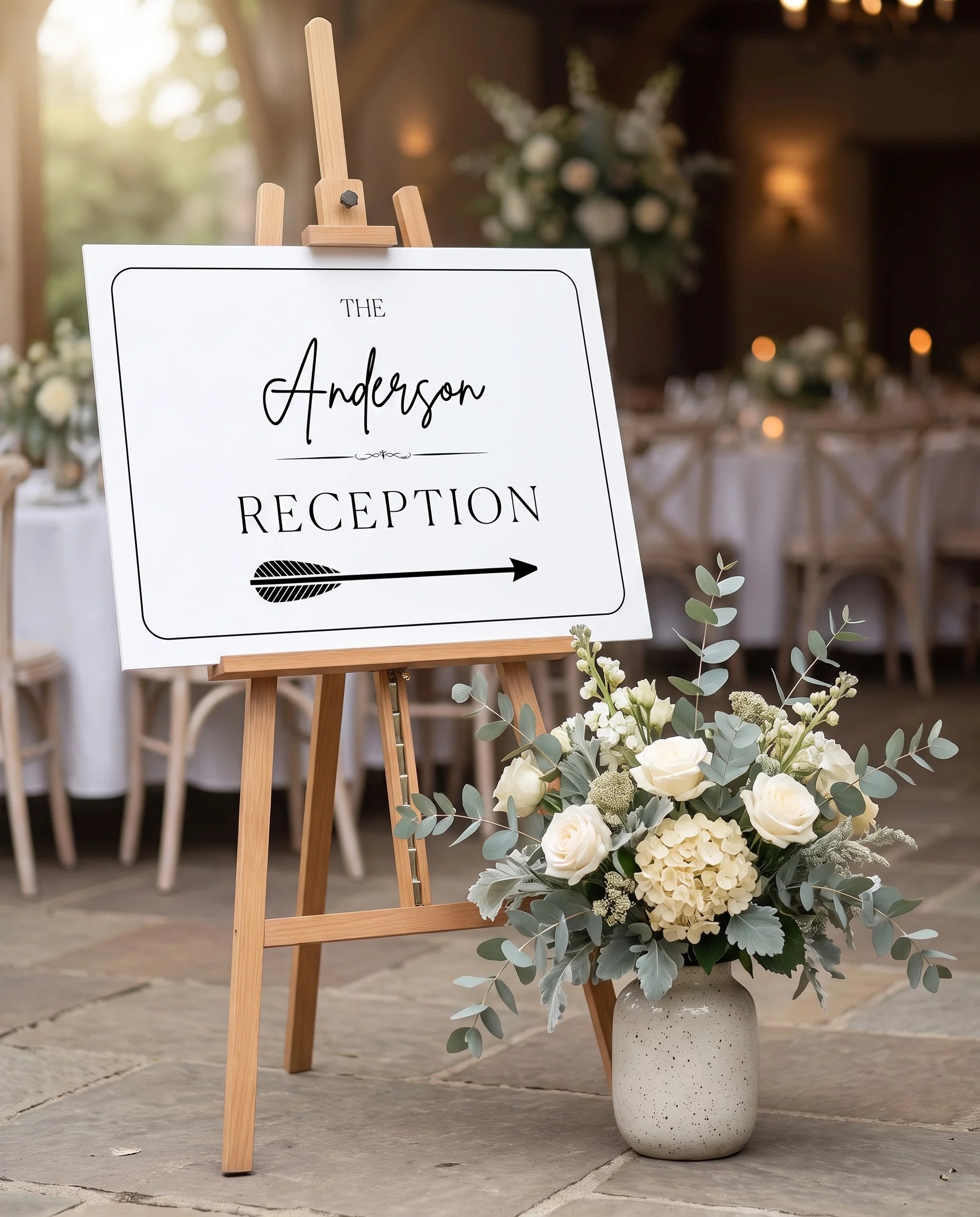 Contour wedding reception sign — displayed at a reception entrance under soft natural light with a slight overhead angle, wedding signs.